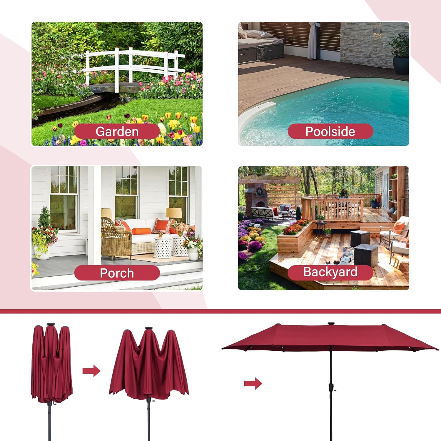13ft/15ft Large Patio Umbrella with Base Included, Double-Sided Rectangle Outdoor Market Umbrella with Stand, Shade Umbrella for Garden Deck Backyard Poolside Lawn