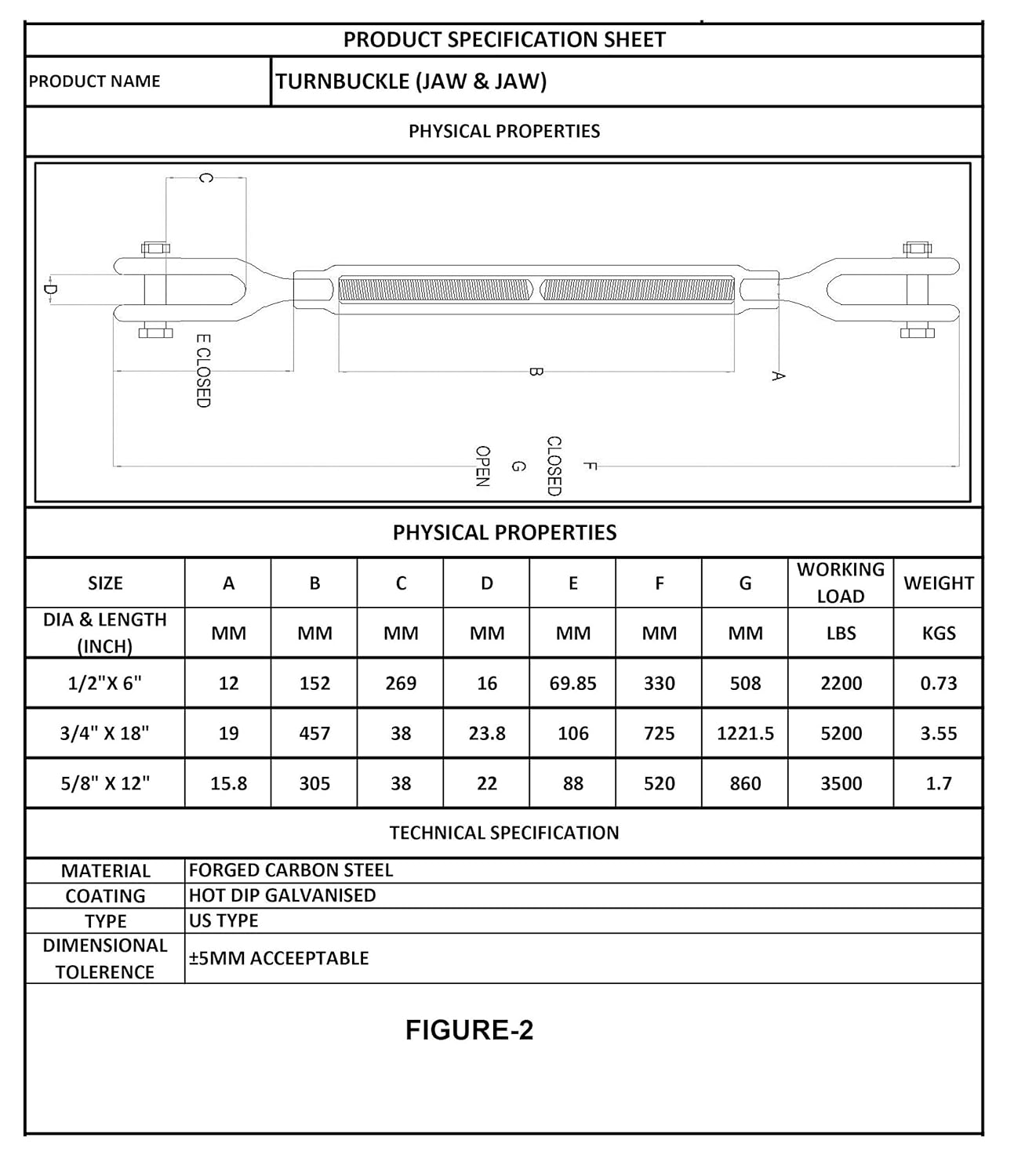 Cargo Control Drop Forged/Hot Dip Galvanized Steel 3/4 Inch x 18 Inches Jaw and Jaw Turnbuckles for Wire Rope Cable, 5200 lbs Working Load Limit