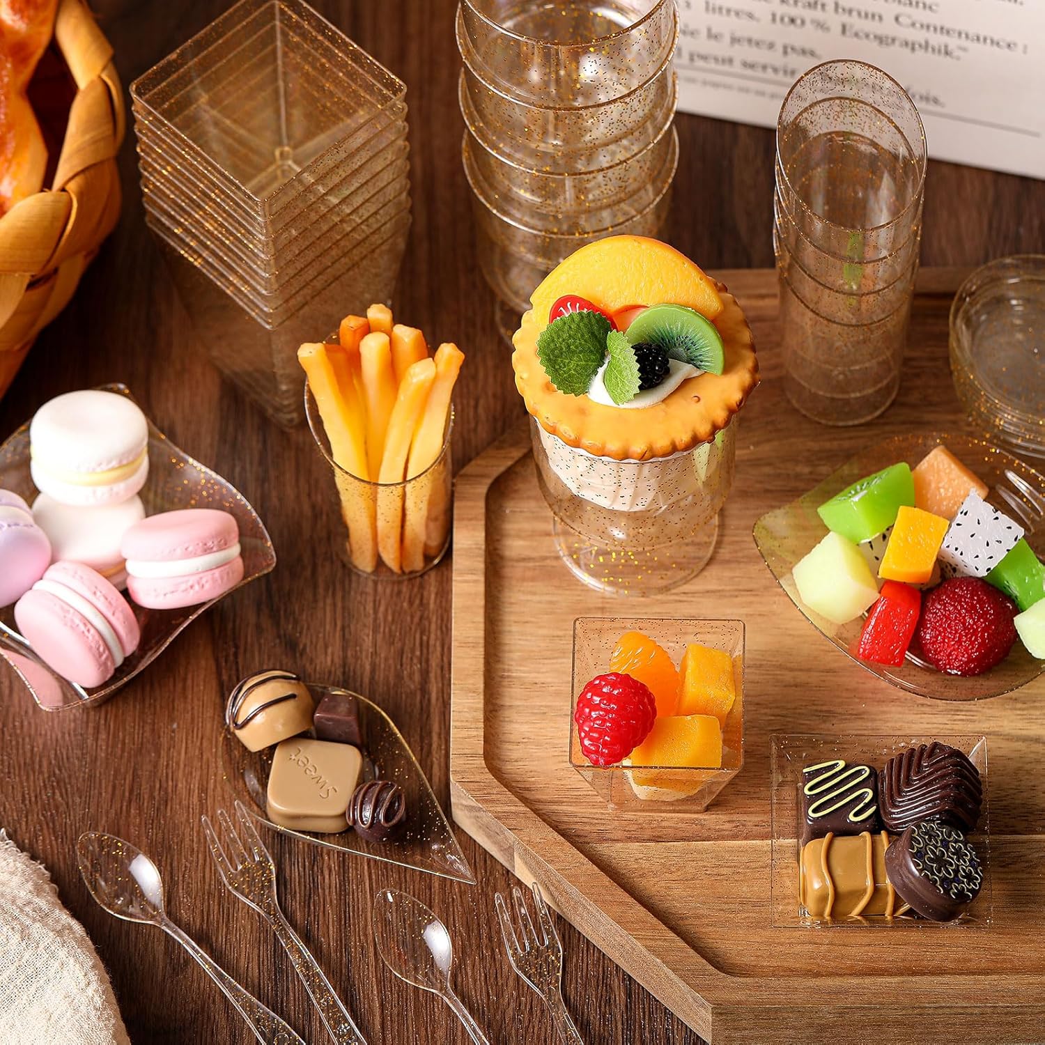 Tessco for you 400 Pcs Mini Appetizer Plates Dessert Cups Spoons Forks Set Dessert Containers Assorted Shape Plastic Parfait Cups Disposable Spoon Forks for Party Serving (Gold)