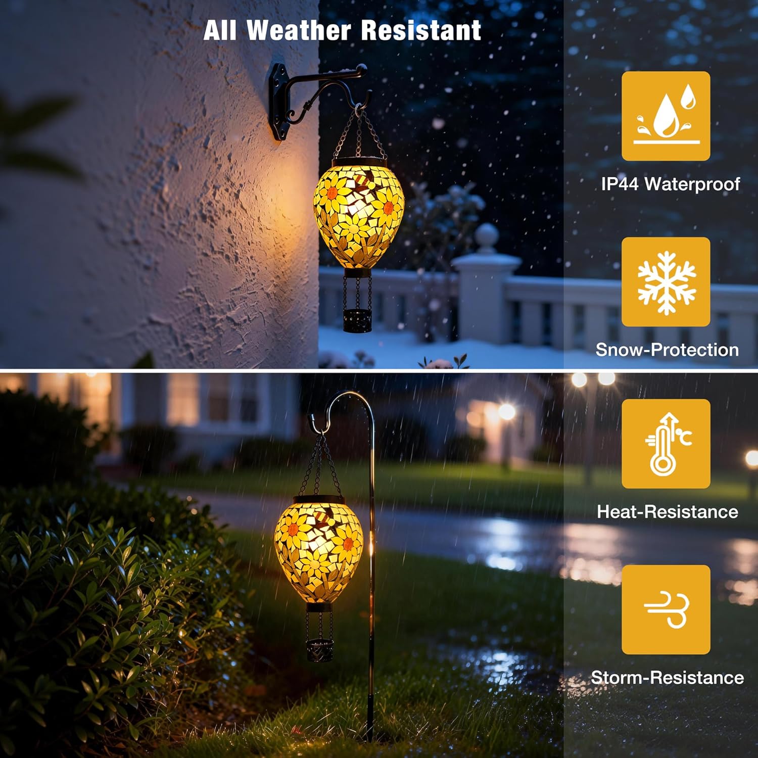 SAVENNA Mosaic Glass Hot Air Balloon Solar Lantern, Flickering Flame Effect Hanging Solar Light, Warm Yellow Sunflower Glow for Garden Patio Yard Outdoor Decor