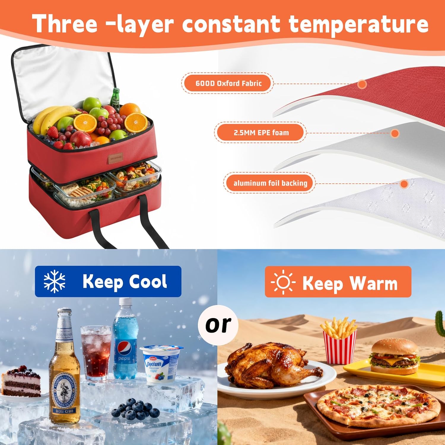 Insulated Casserole Carrier, Double Decker Food Carriers for Hot or Cold Food,Portable Leakproof Thermal Bag for Travel/Potluck Parties/Picnic/Cookouts (Red) - Image 3