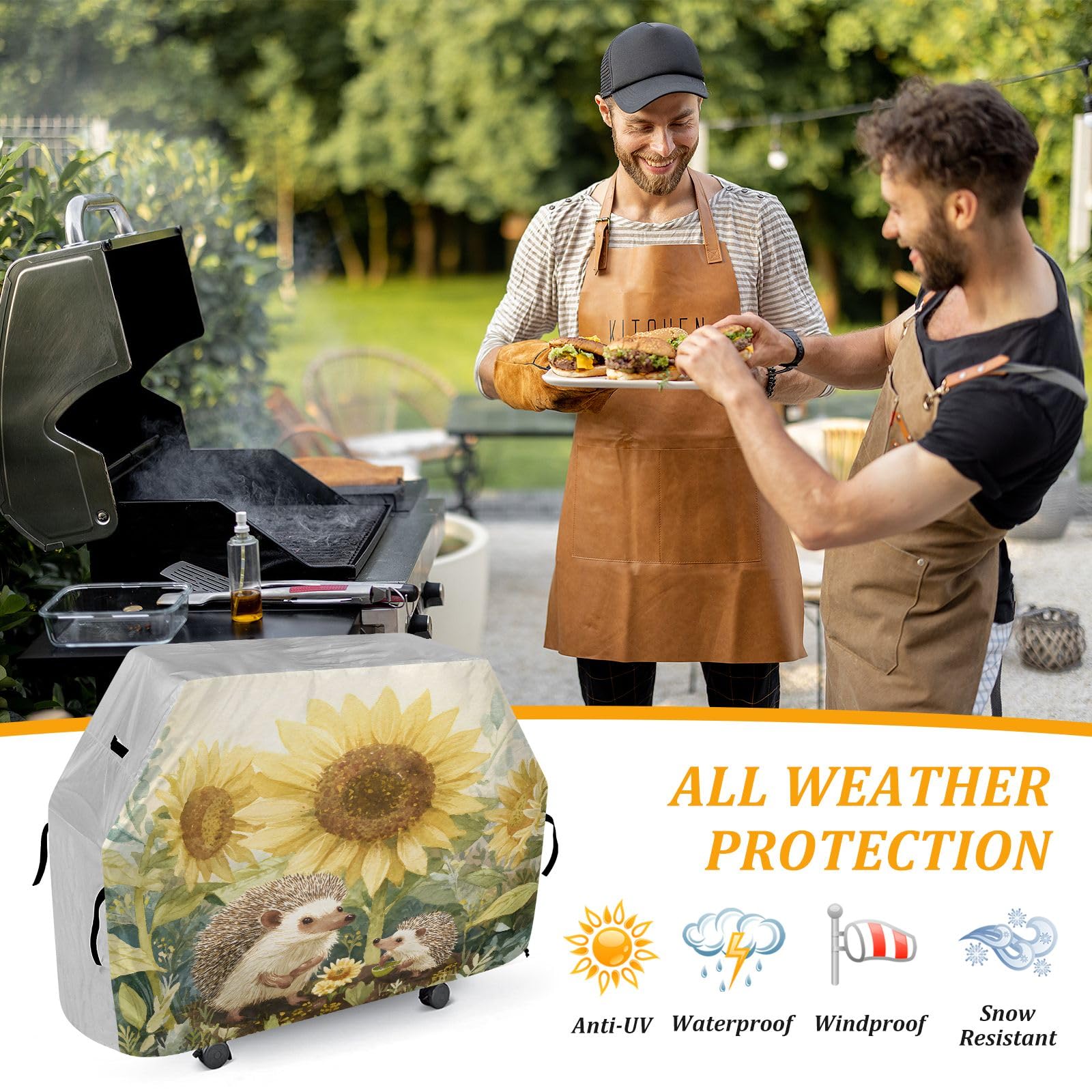 Grillabdeckung für den Außenbereich, hochwertig, strapazierfähig, wasserdicht, reißfest, witterungsbeständig, UV-beständig, 165,1 cm, Igelfamilie, Gartenarbeit unter riesigen Sonnenblumen