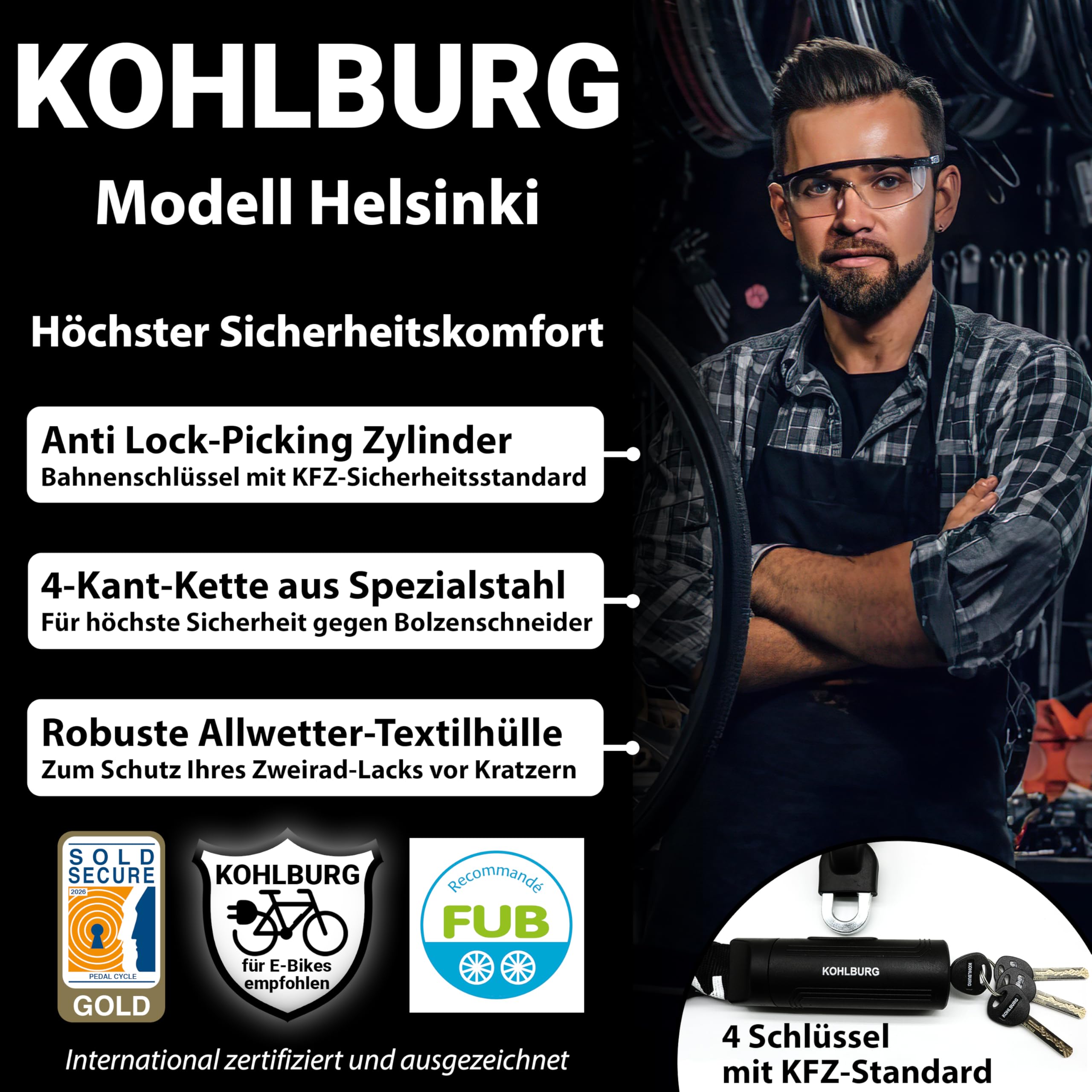 KOHLBURG Sicherheits- Kettenschloss - Schloss 125cm lang mit 8,3mm starker 4-Kantkette aus gehärtetem Spezialstahl - sicheres Fahrradschloss mit 4 Schlüssel für E-Bike Fahrrad & Motorrad