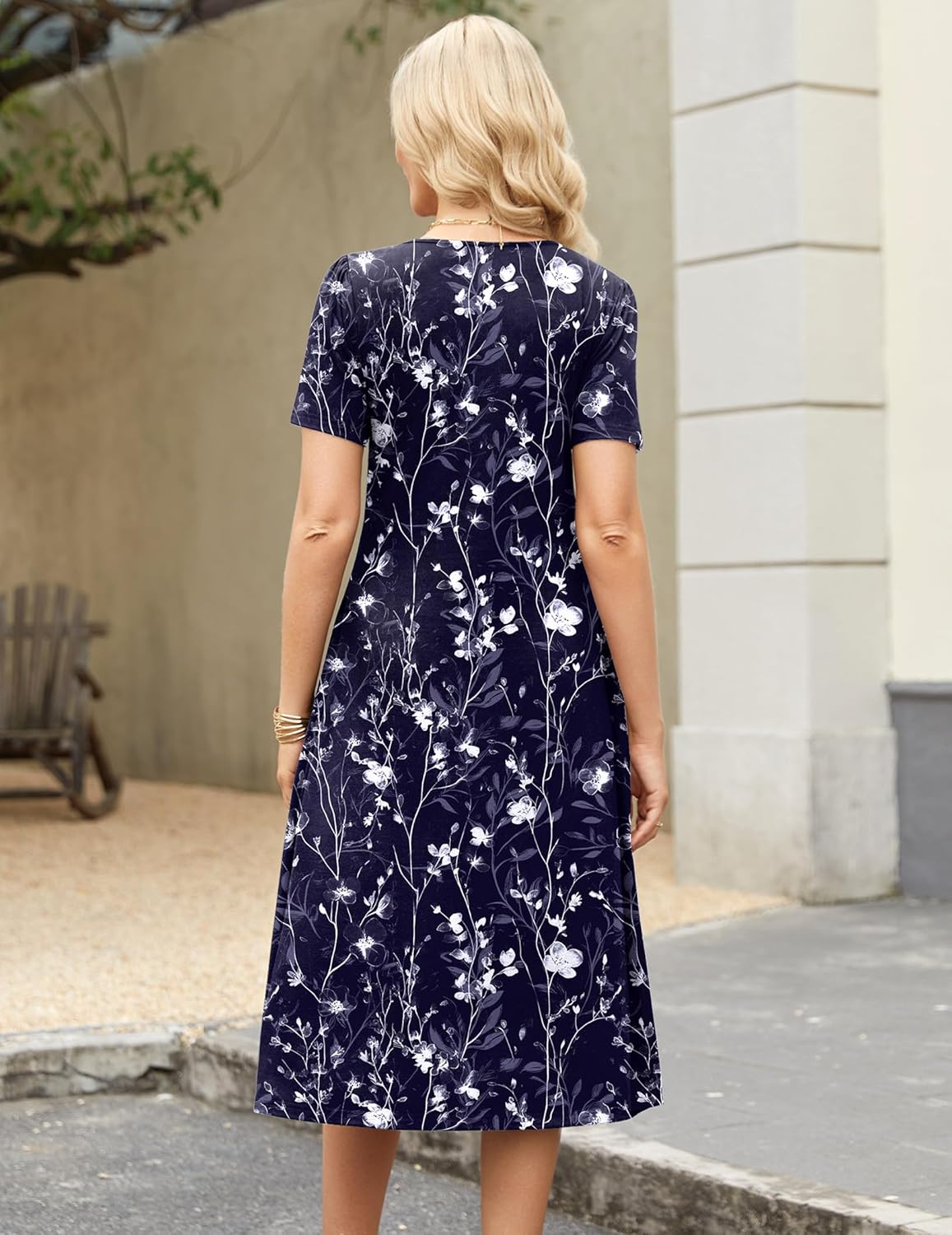 Zeagoo Womens Casual Dresses for Summer Short Sleeve Flare Midi Dress Loose Beach Sundress Pleated Front Dress with Pockets - Image 3