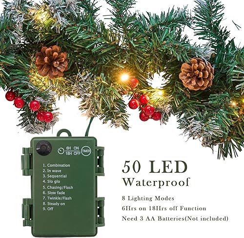 Miniatura 3 de Guirnalda de Navidad con luces, guirnalda de Navidad flocada de nieve de 9 pies para manto, guirnaldas preiluminadas al aire libre con bayas rojas y