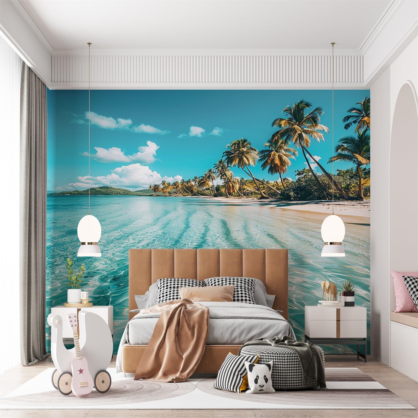 Fototapeta, palmy, morze, murale, plaża, 250 x 175 cm (szer. x wys.), fototapeta, niebieska tapeta, mural sztuka ścienna do salonu, sypialni, pokoju dziecięcego, korytarza