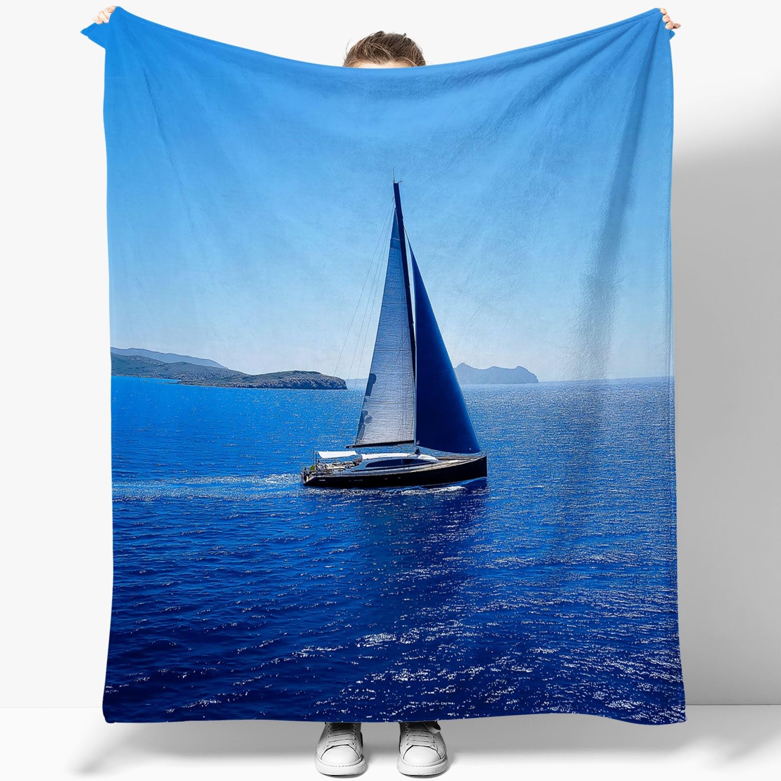 Koc do wtulania się, flanelowy, koc polarowy, 200 x 220 cm, nowoczesny design łodzi żaglowej, niebieski koc do mieszkania dla dzieci, chłopców, dziewczynek, do domu, salonu, dekoracja na kanapę