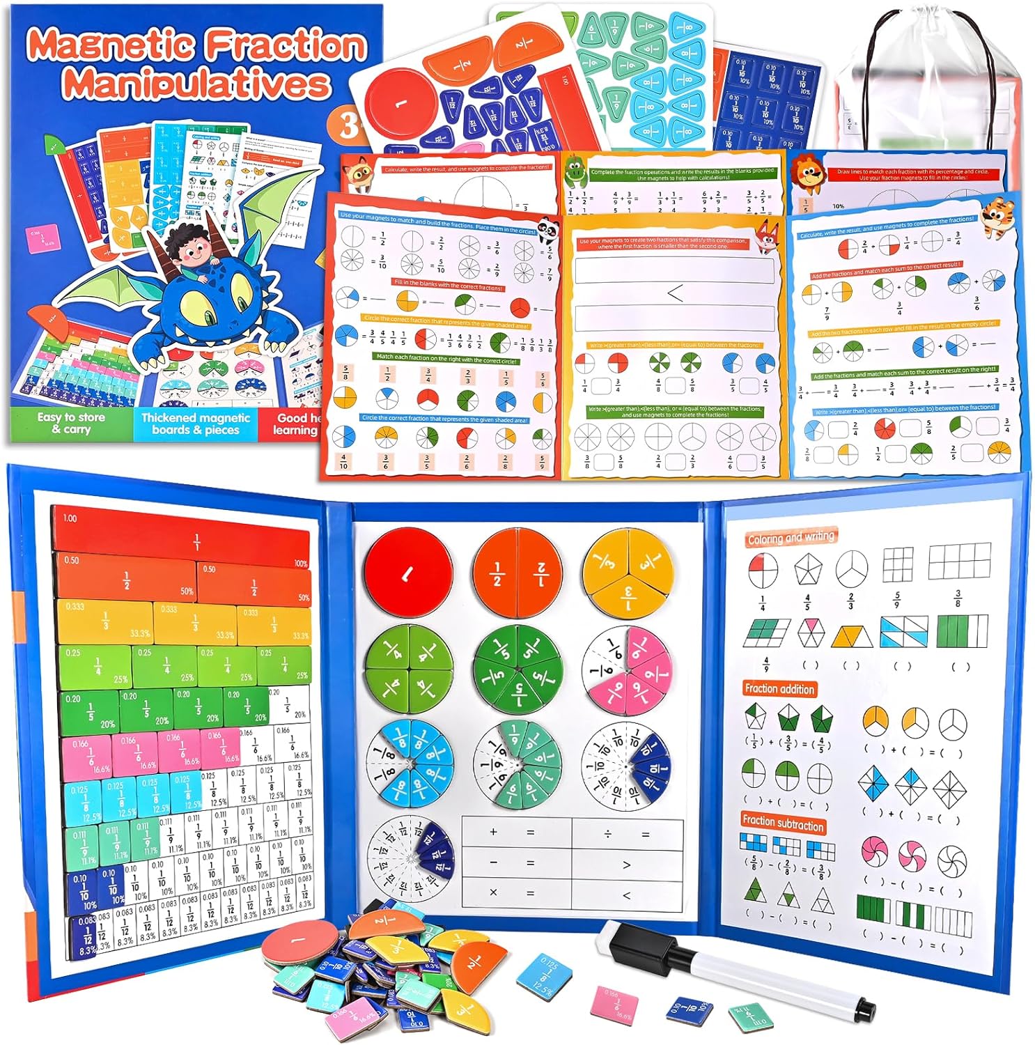 Magnetic Fraction Demonstration Book with Magnetic Fraction Tiles & Circles, Hands-On Fraction Manipulatives for Kids, Visual Math Learning Set for Classroom, Homeschool & Early Math Practice