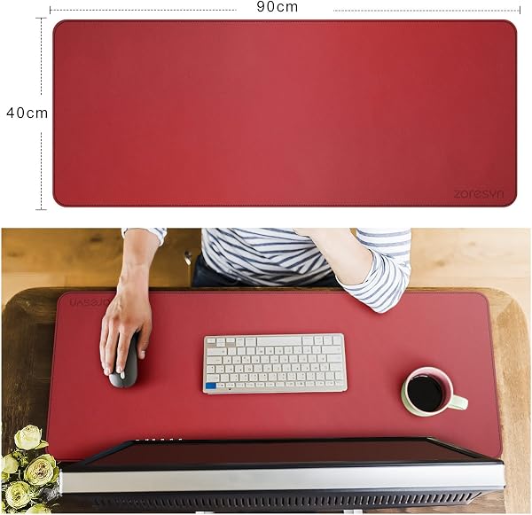 ZORESYN XL Tapis de Souris,sous-Mains en Cuir PU,imperméable Tapis de Souris Gaming(Rouge, 90x40CM) - 2
