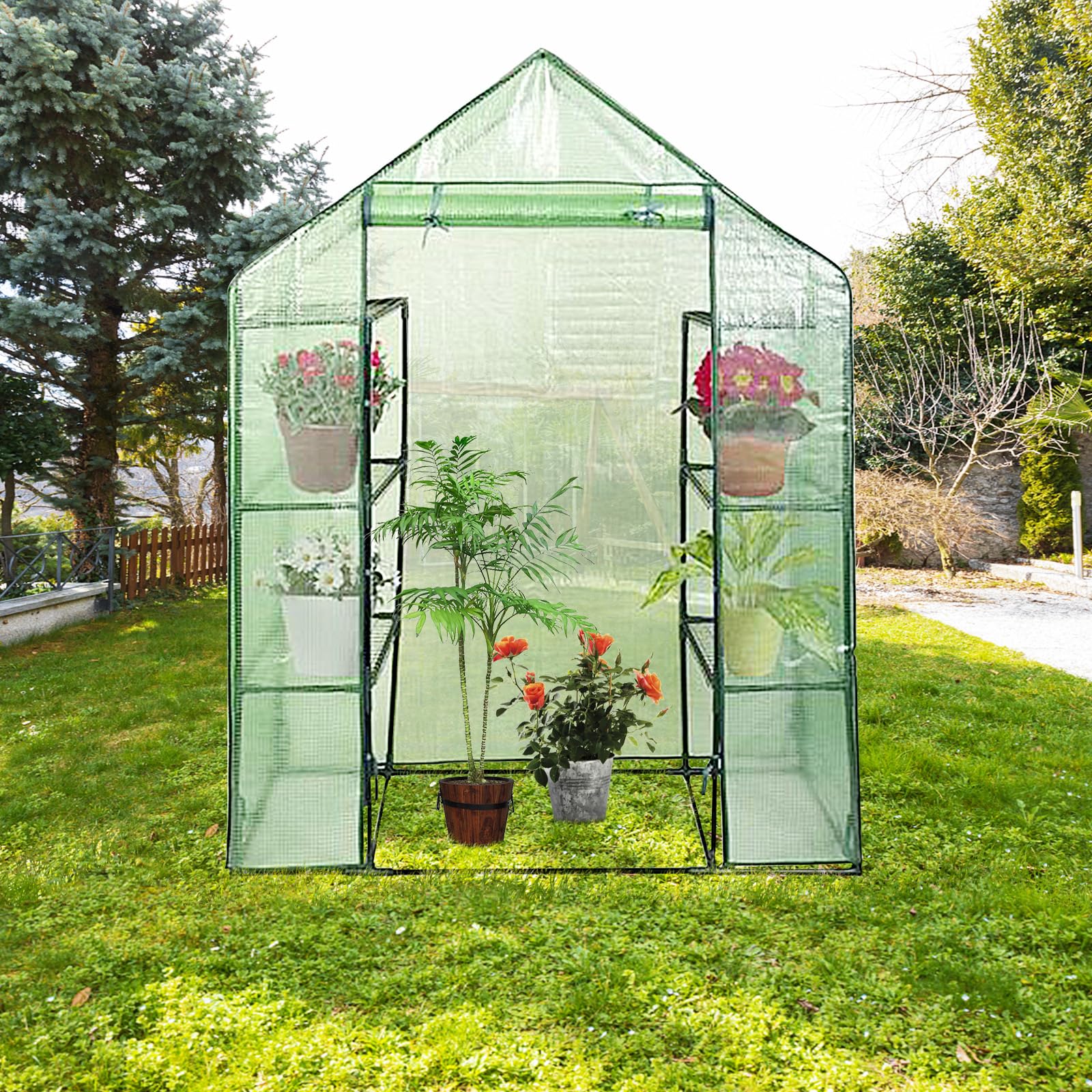 COSTWAY Serra da Giardino a 4 Livelli, Serra da Esterno per Orto e Piante con Telaio in Alluminio, Porta Avvolgibile e Telo, Serra Robusta per Balcone e Giardino, 143 x 73 x 195 cm, Verde