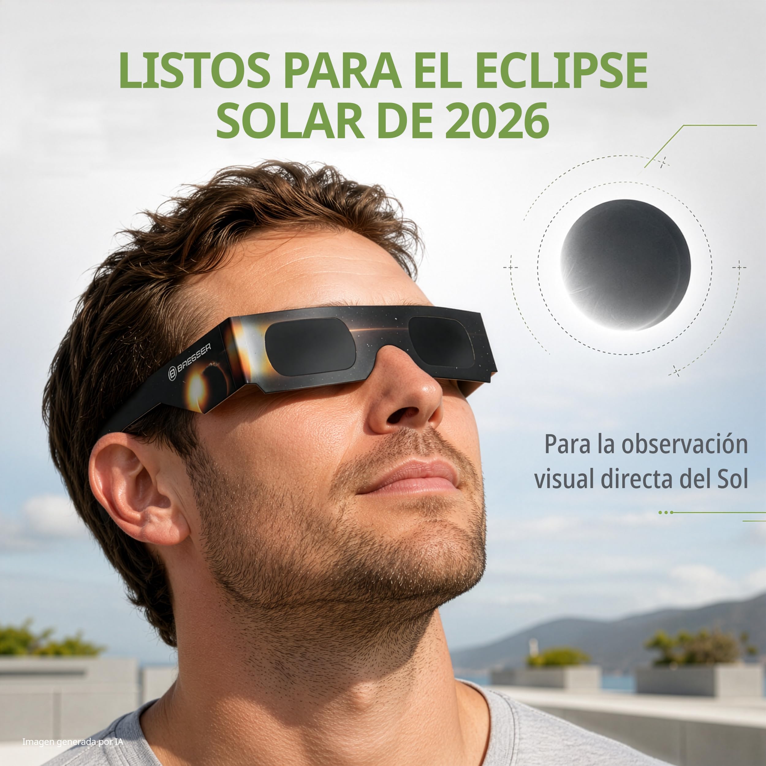 Bresser Gafas Eclipse Solar homologadas CE ISO 12312-2 pack 100 Diseño B | Absolutamente seguras, listas para los eclipses solares 2026, 2027, 2028, lámina astrosolar, imagen solar amarilla natural