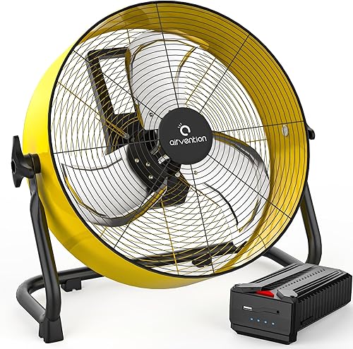 Ventilador de tambor recargable de 15600 mAh, ventilador de piso industrial amarillo de alta velocidad de 12 pulgadas, ventilador de tienda para