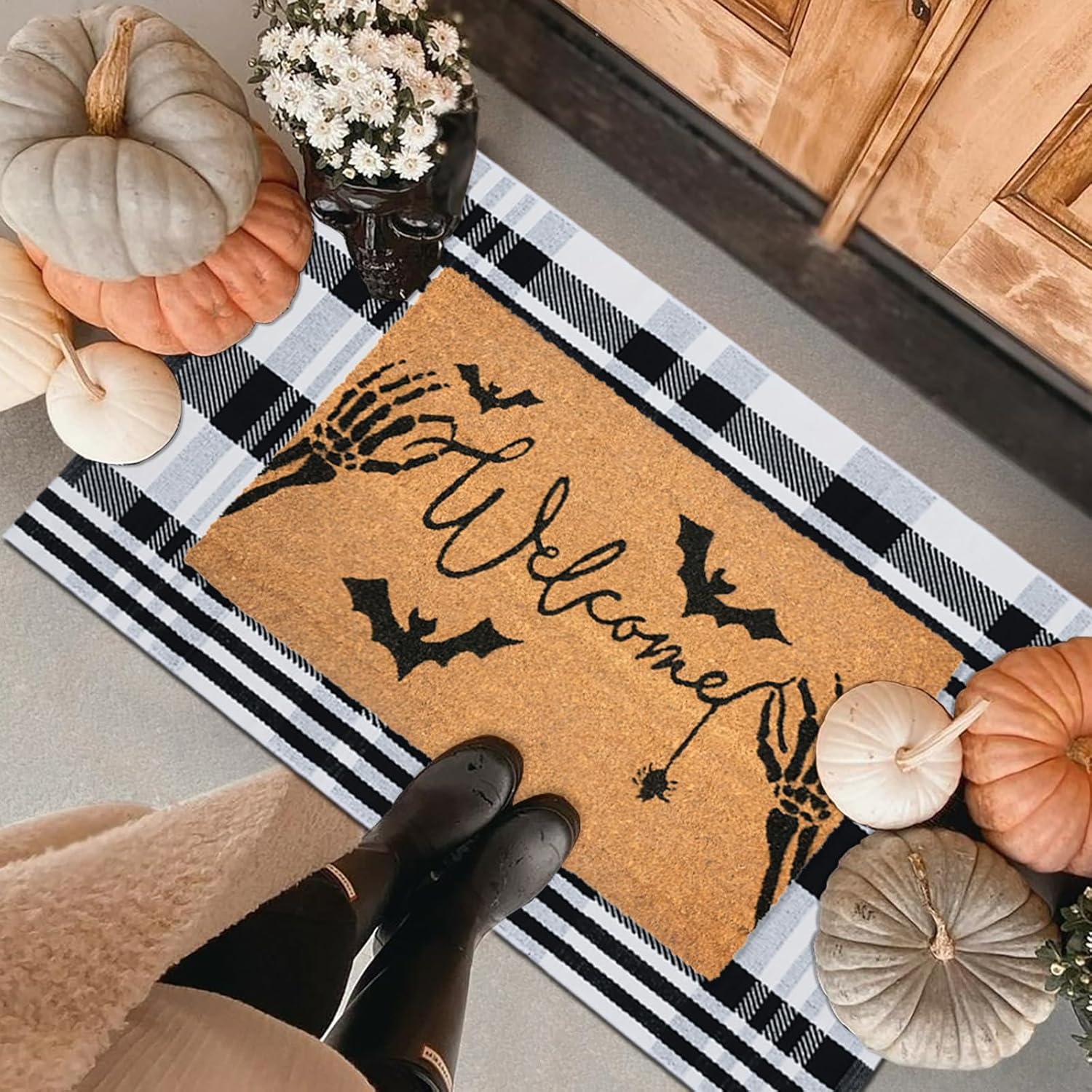 Halloween Welcome Door Mat Combo Set, Skeletal Hand Coco Coir Doormat -28" x 43" Black and White Striped Rug, Autumn Front Porch Entryway Decor Floor Mat 28" x 43" Skeletal Hand & Diagonal Plaid Rug