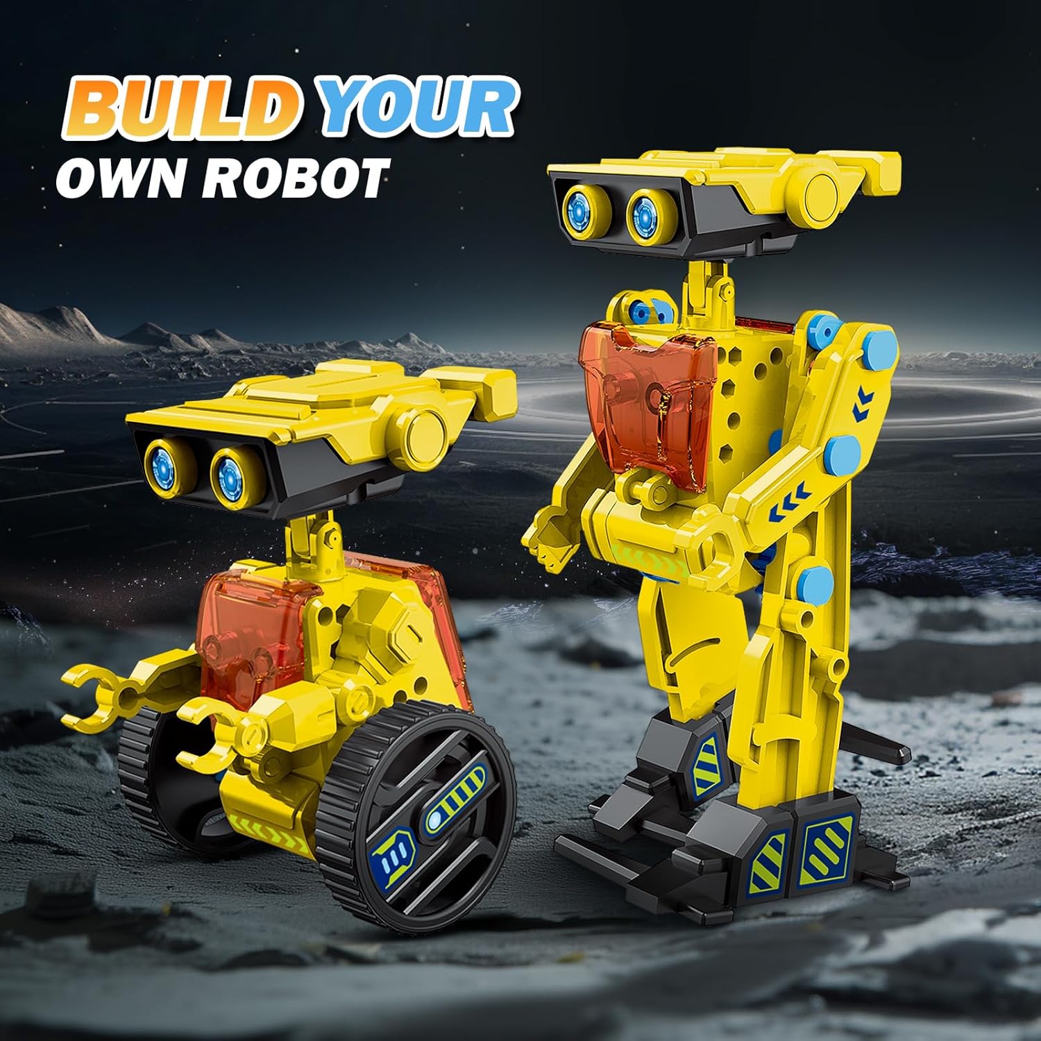 Two assembled robot models, one in a wheeled configuration and another in a standing bipedal configuration, both yellow with blue accents.