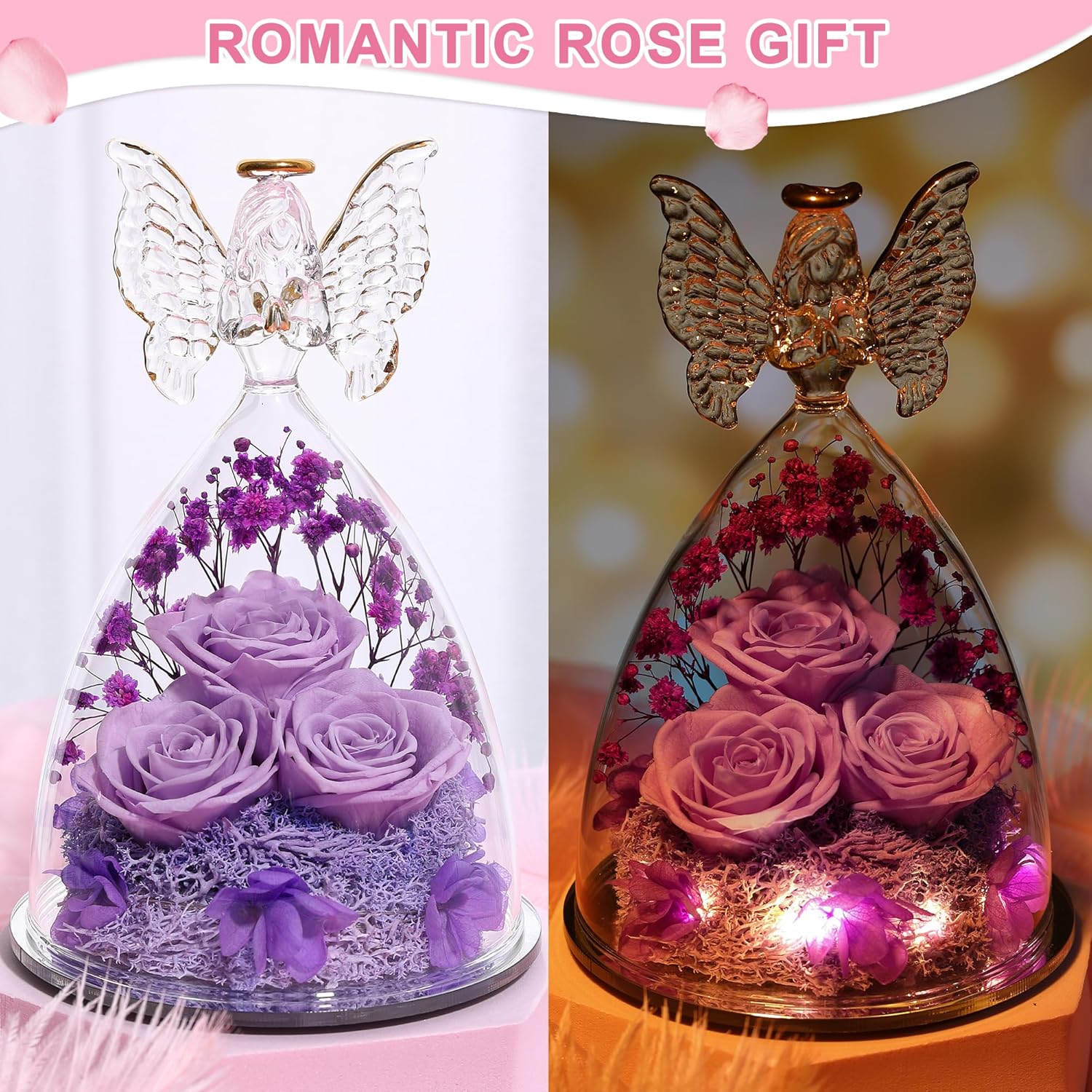 Mothers Day Mom Gifts for Women Preserved Flowers in Glass Angel Forever Flowers Gifts Eternal Roses Gifts for Grandma, Light Purple - Image 4