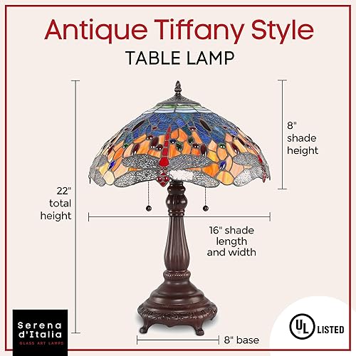 Miniatura 2 de Serena D'italia Lámpara de mesa Tiffany - Mesita de noche antigua de libélula roja - Lámpara de mesita de noche de cristal verde y azul - Lámpara de