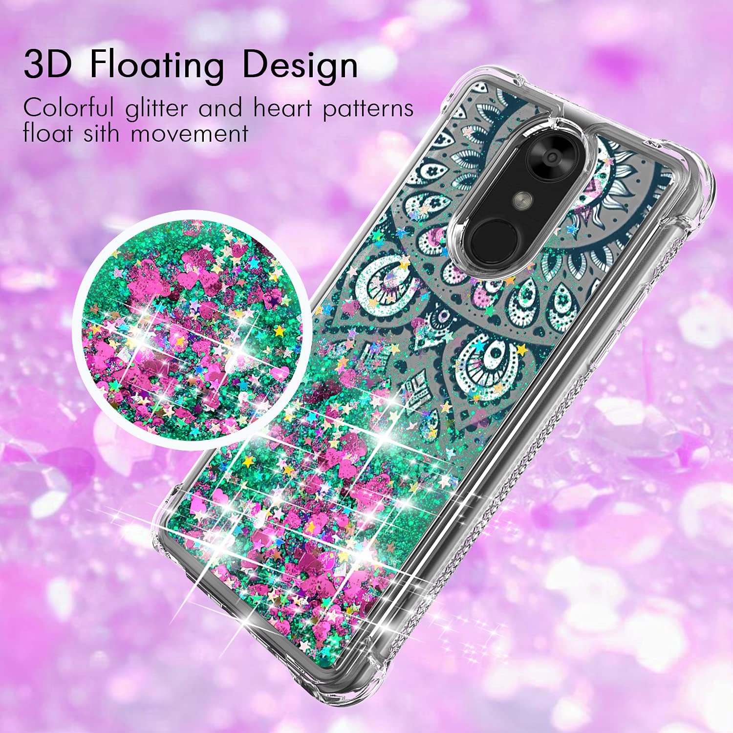 LG Stylo 4 Case, Stylo 4 Plus Case Full-Body Shockproof Glitter Liquid Quicksands Flowing Sparkle Bling Four-Corner Anti-Drop W Mandala Flower Pattern Inside Design Heavy Duty Protective Case,Teal