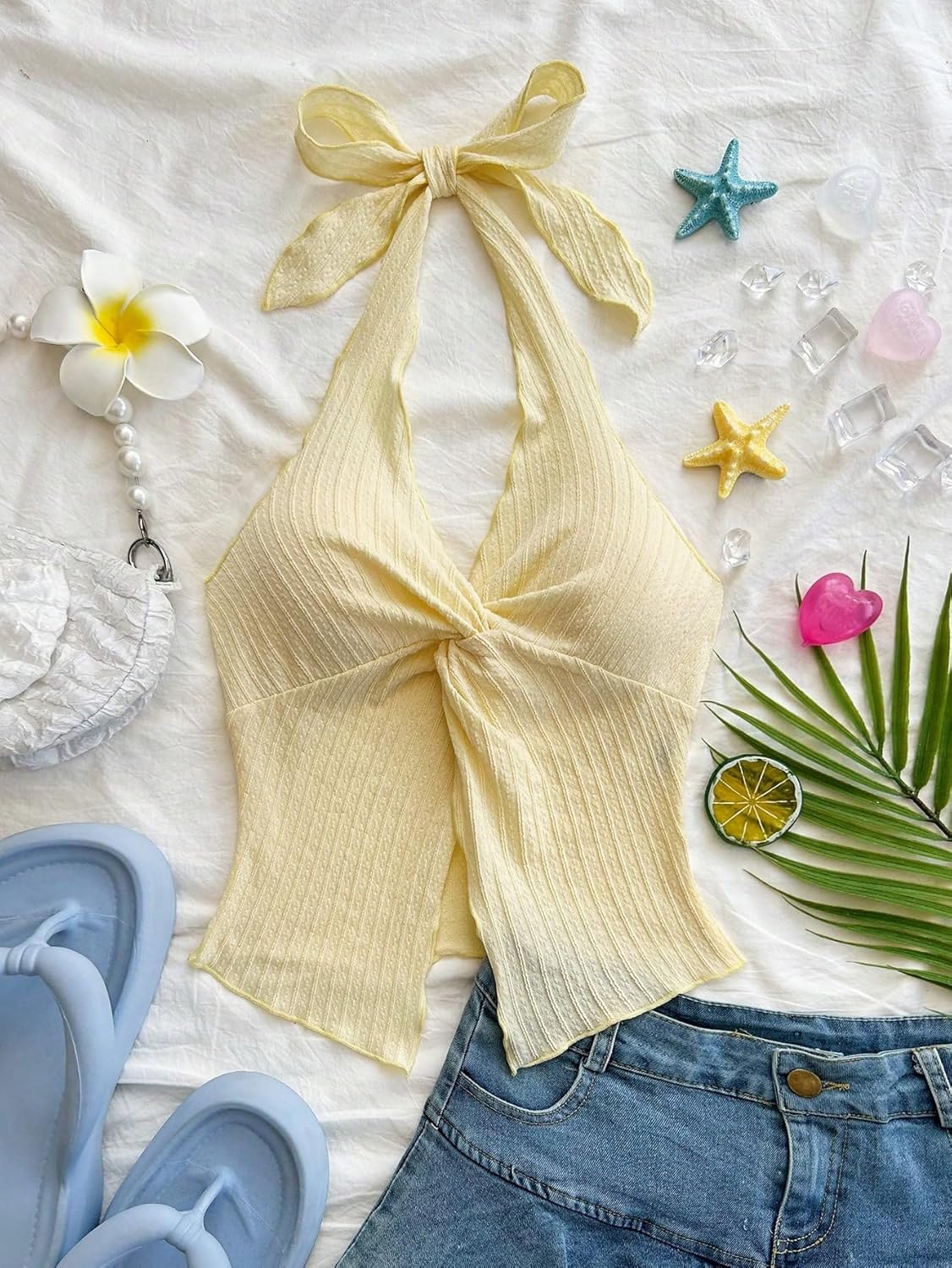 QJQ Women's Halter Tops Twist Front Slit Backless Cute Summer V Neck Tank Top Vacation Outfits - Image 2