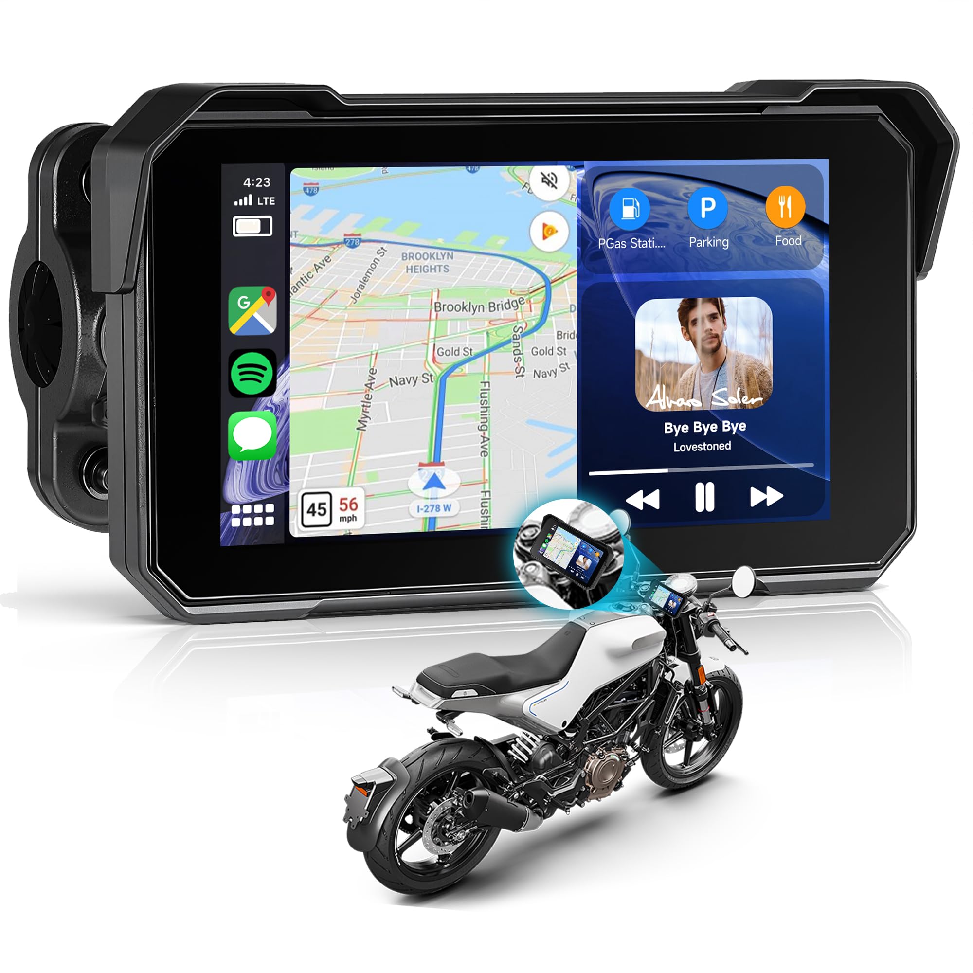 Rimoody Carplay Senza Fili Schermo per Moto 5 Pollici Touchscreen Autoradio Portatile per Moto, IP68 Impermeabile con Android Auto Bluetooth Rilevamento Della Pressione Degli Pneumatici 12V