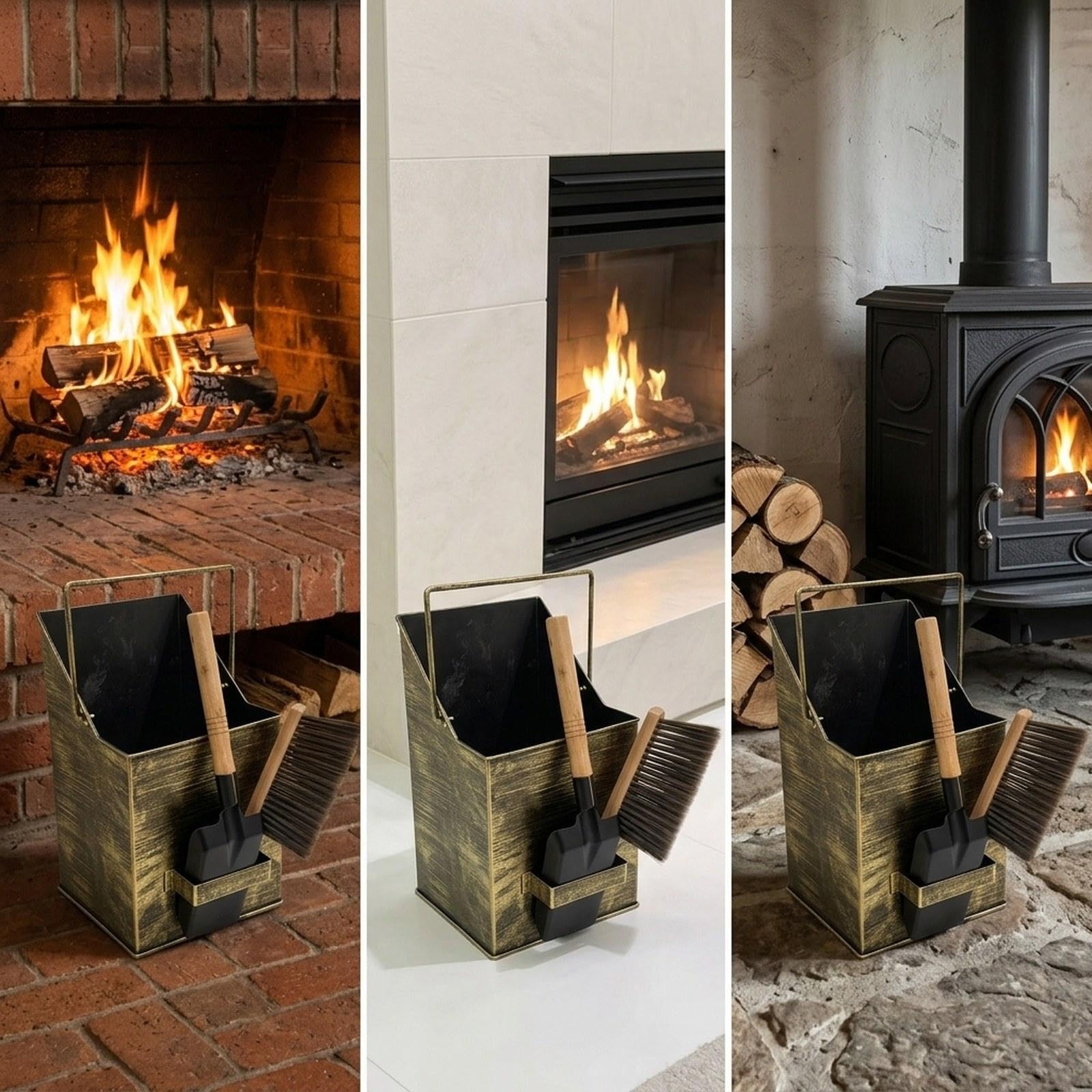 predolo Secchio per cenere da con manico, leggero, in metallo, per uso domestico, esterno, ideale per caminetto, cucina, o altri spazi esterni, Spazzola a Pala in Bronzo