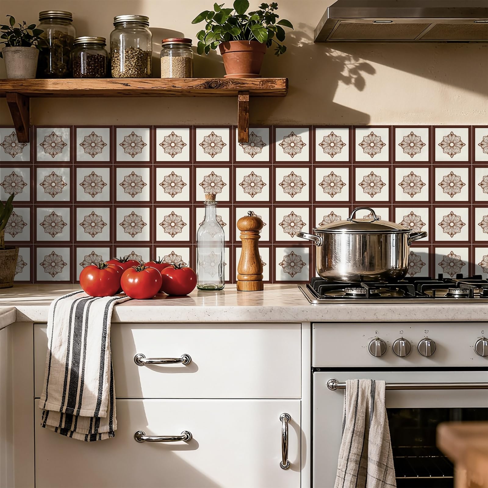 Peel and Stick Wall Tiles Mandala Brown Retro Tiles Self Adhesive PVC Home Decor Backsplash Kitchen Tile Stickers Waterproof Tile Stickers for Bathroom 20x20cm /24 Pcs