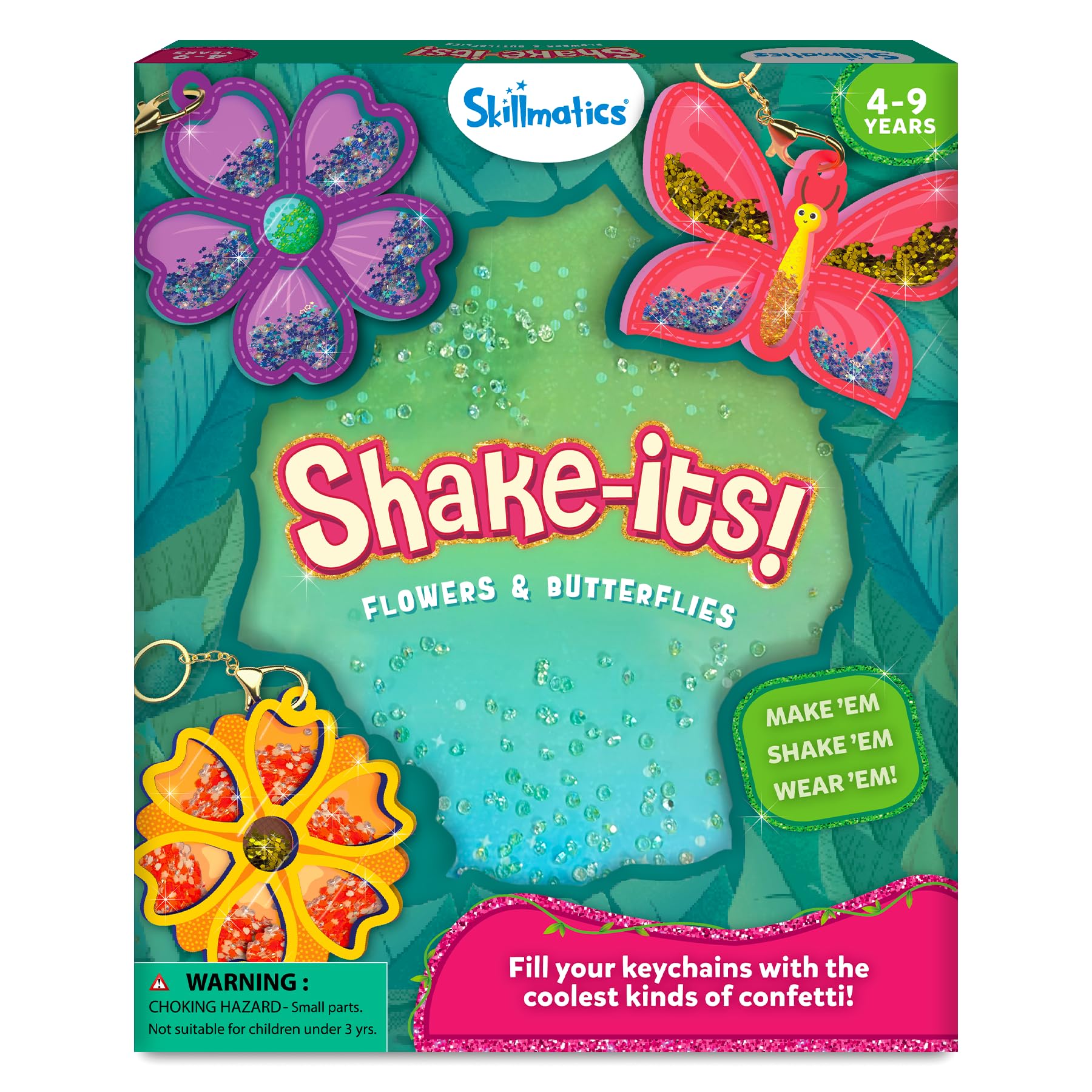 Skillmatics Shake-its – Glitter Craft Kit for Kids, DIY Arts & Crafts with Keychains, Mess-Free Activity, Travel Toy, Flowers & Butterflies, Birthday Gifts for Girls & Boys Ages 4, 5, 6, 7, 8, 9