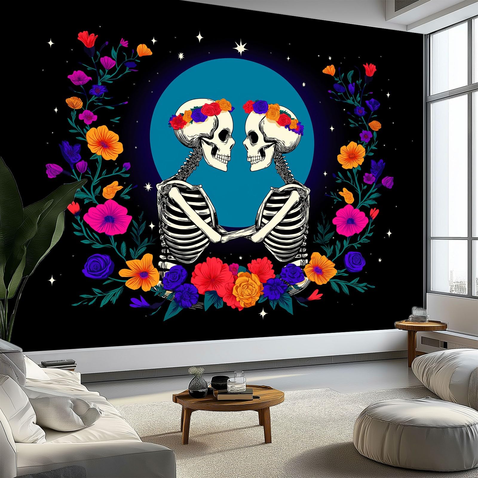 Fototapeta z włókniny, minimalistyczny styl, tapeta 250 x 175 cm (szer. x wys.), nowoczesna tapeta z włókniny, efekt 3D, dekoracja ścienna, czaszki, kwiaty, księżyc, tapeta ścienna, do salonu