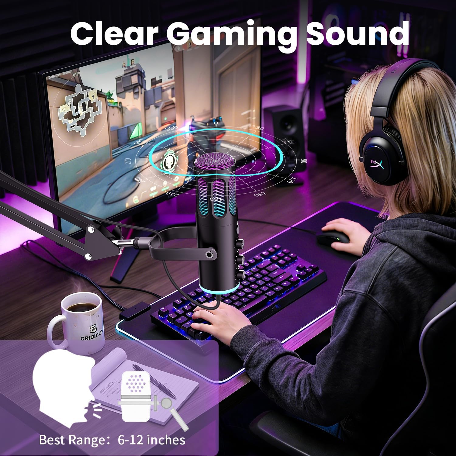 Ortizan Microphone de Jeu USB, Microphones à condensateur pour PC, PS4/5 et Mac, Microphone Podcast avec Suppression du Bruit, Microphone avec sourdine, réverbération, Surveillance, Bras réglable | Pour le streaming, les podcasts, YouTube, Discord, Zoom e