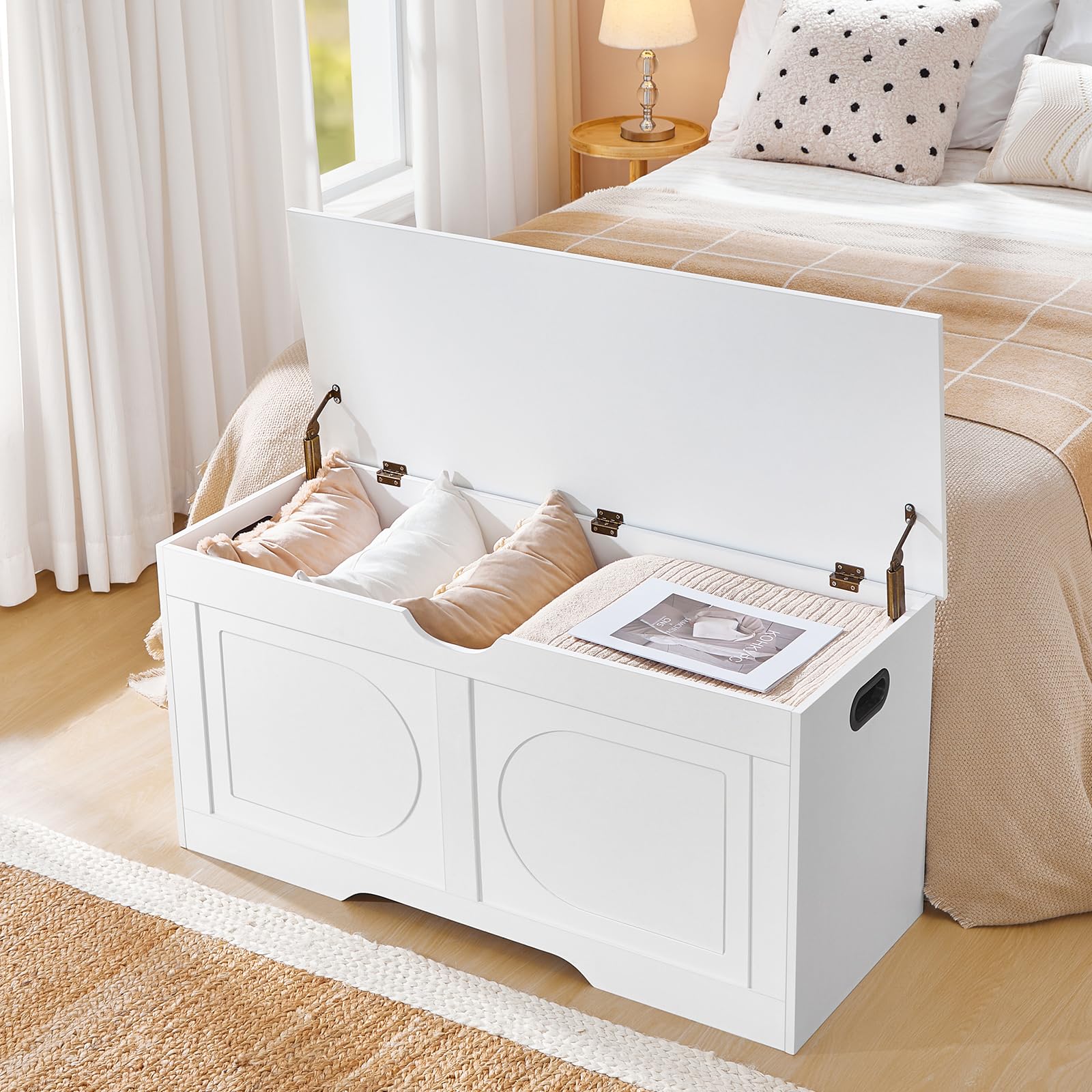 MAHANCRIS Truhe, Sitzbank mit Stauraum, große Spielzeugkiste, Schuhbank, Spanplattentruhe, 100 x 40 x 48 cm, für Eingangsbereich, Schlafzimmer, Wohnzimmer, Weiß ASCWT2001