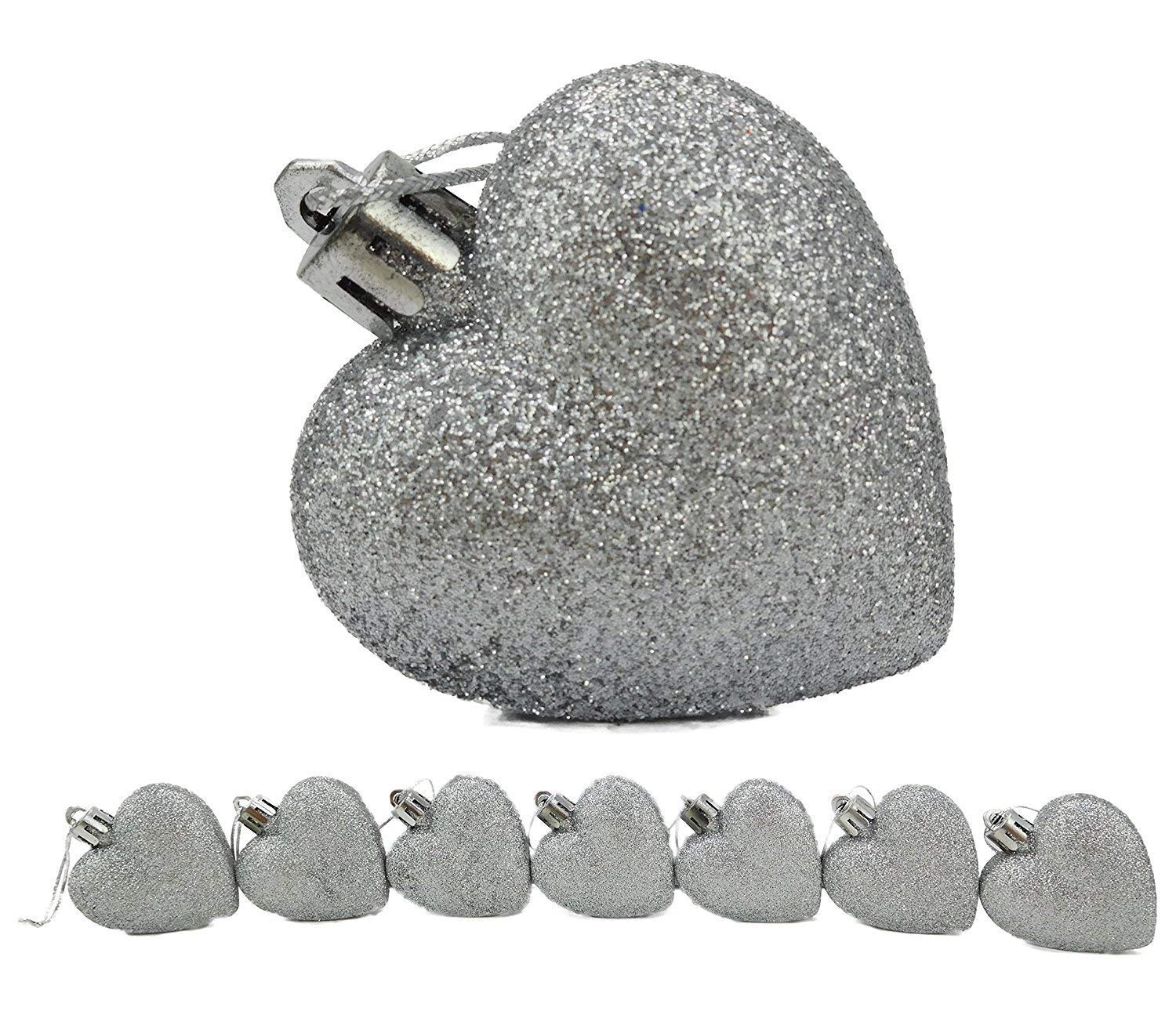 Toyland Silver Toyland® 8 X 5Cm Glitter + Matt Heart Shaped Christmas Tree Baubles