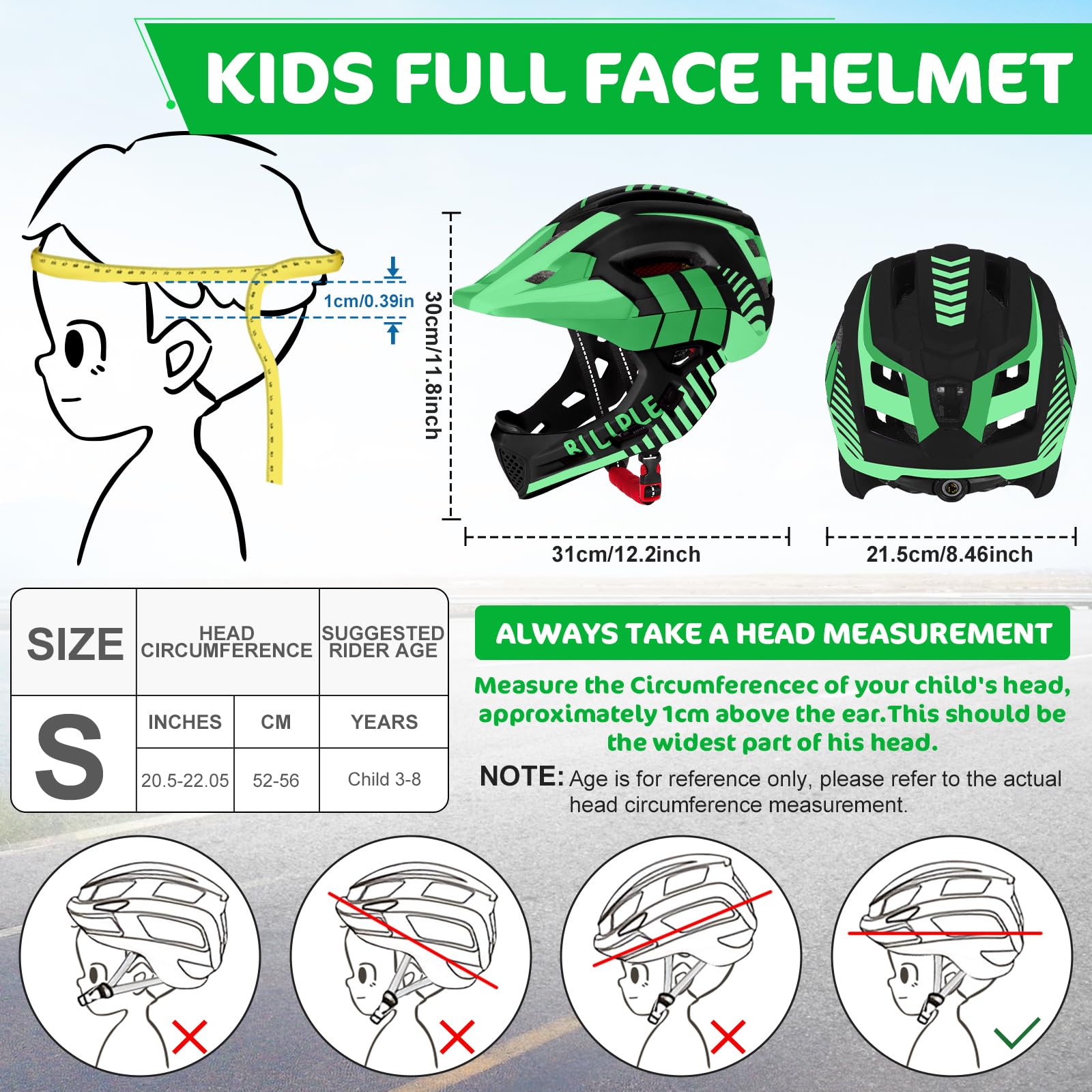 Kask dziecięcy, zintegrowany kask rowerowy 2 w 1, ze zdejmowaną osłoną podbródka, uniseks, 52-56 cm, kask ochronny do jazdy na rowerze, wrotkach