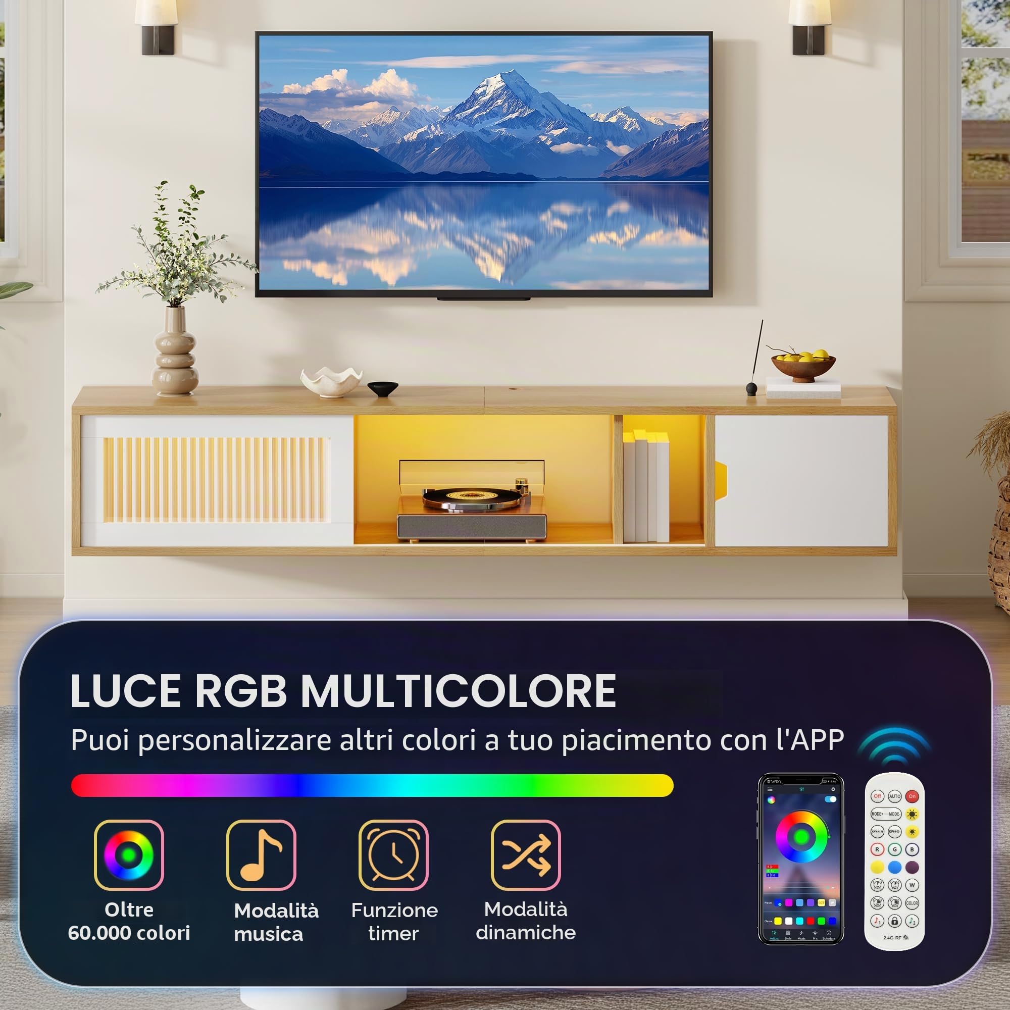 YITAHOME 148 cm Mobile TV Supporto TV sospeso in sospeso supporto TV per TV fino a 65 pollici con 7 RGB LED 22 modalità luci Centro di intrattenimento con porta per soggiorno e camera da letto