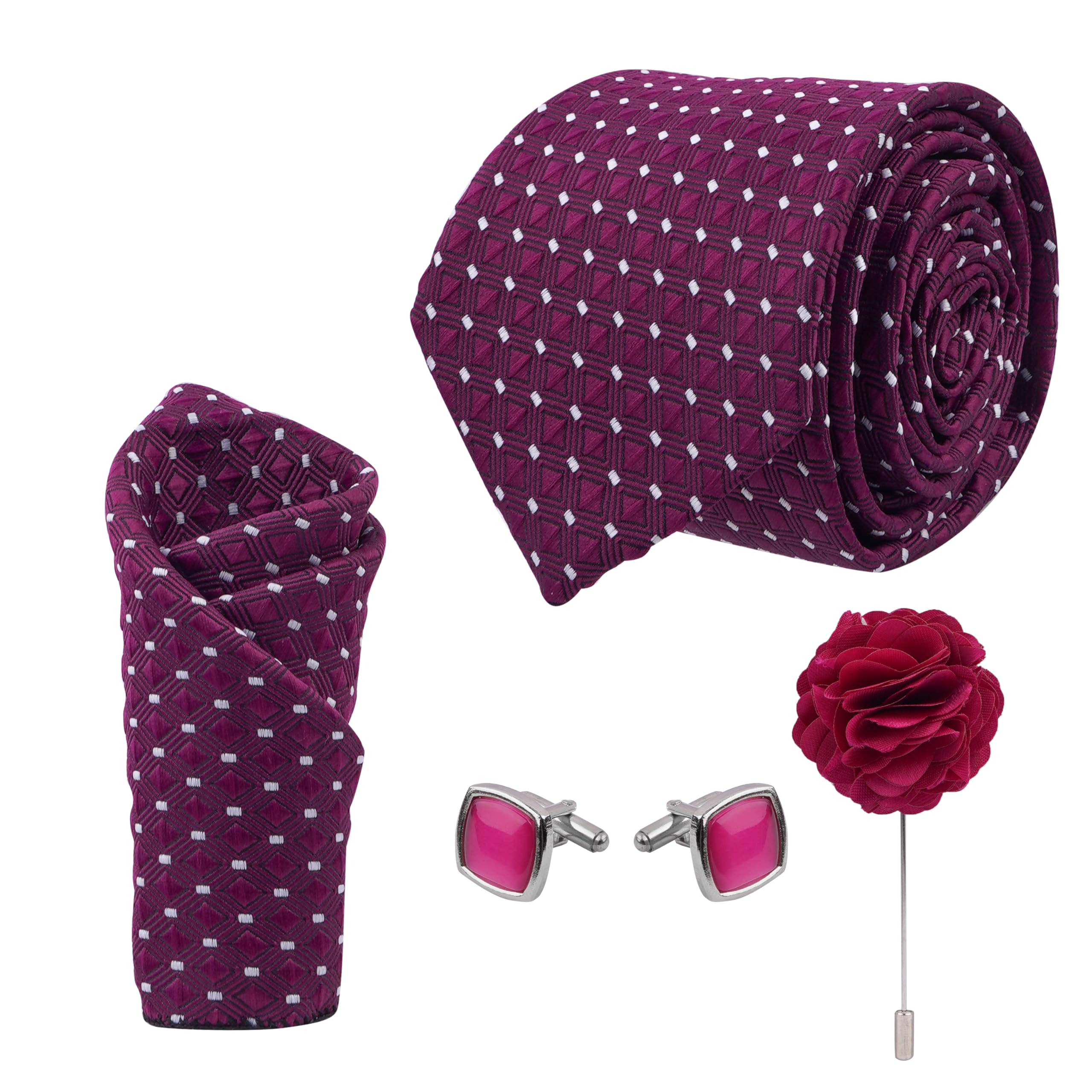 calixto Men'S Magenta Color Geometric Print Ties, Micropoly Formal Necktie With Pocket Square, Silky Feel (Pack Of 4).-picture-52