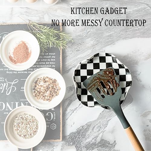 Miniatura 4 de Soporte para cuchara para estufa, soporte de cuchara a cuadros de 5.3 pulgadas, soporte para utensilios, soportes de cuchara de cerámica para barra