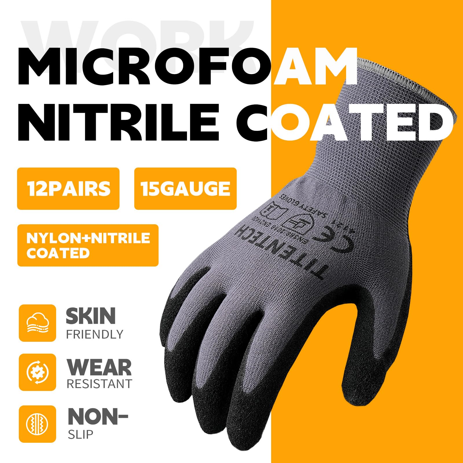 Lot de 12 paires de gants de travail en nylon trempé de nitrile avec revêtement en micro-mousse nitrile avec poignée pour usage intensif (12 paires, taille S)