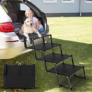Extra Wide Dog Stairs for Large Dogs, Foldable Dog Ramp for Car with Non-Slip Surface, Lightweight Dog Stairs for Cars, Dog Steps for Cars, SUV, High Beds, Truck, Supports up to 250 lbs, 4 Steps