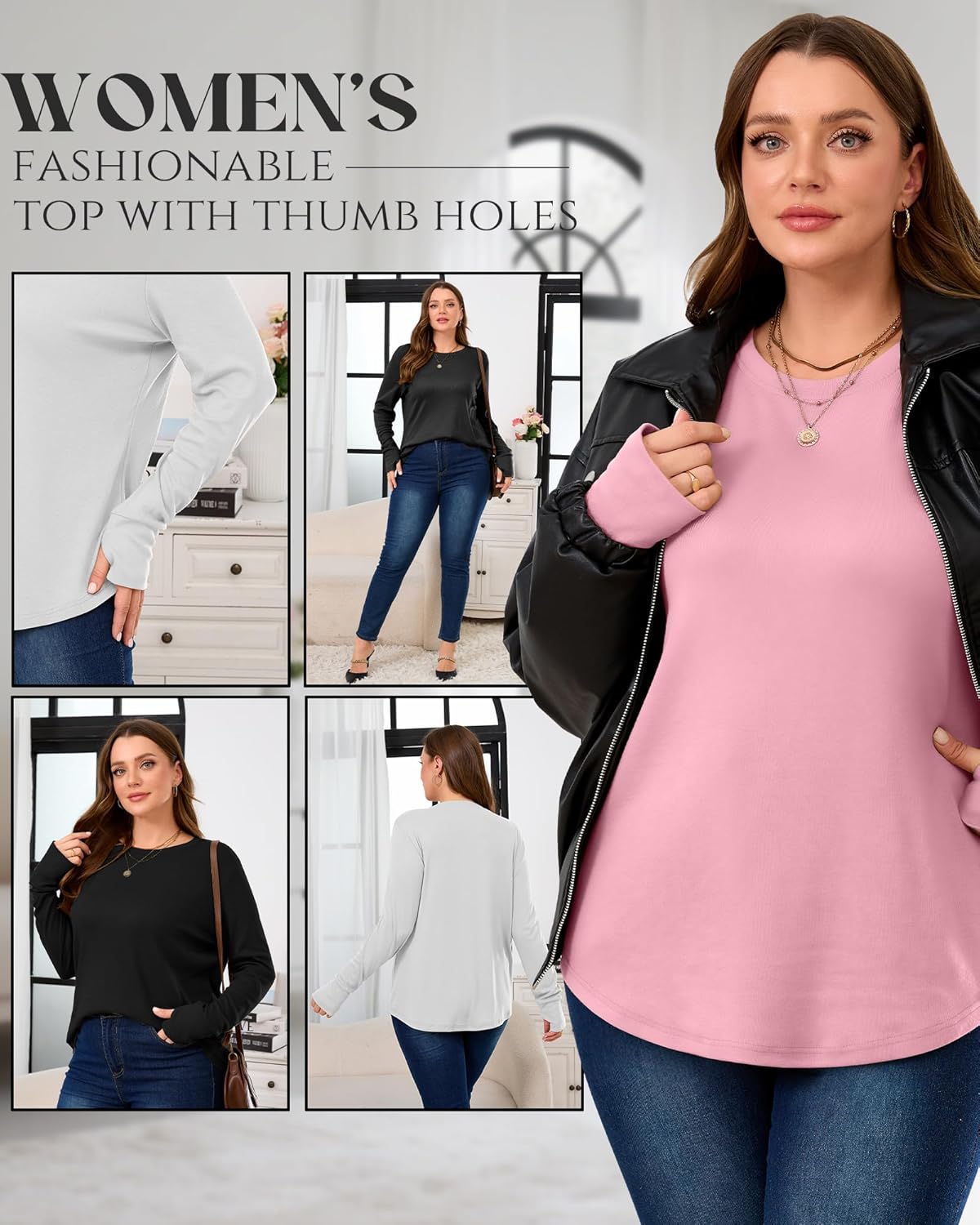 3 Pack Women's Cotton Plus Size Tunic Tops Thumb Hole Crew Neck Long Sleeve Shirts Casual Loose Y2k Trendy Outfits - Image 5