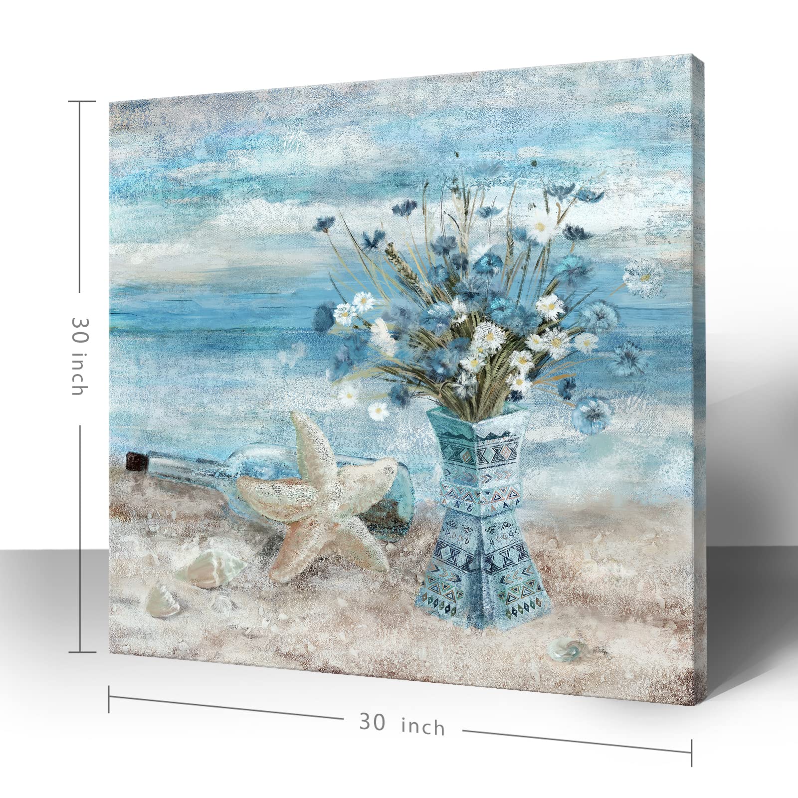 Large Canvas Wall Art for Living Room Blue Beach Wall Decor Ocean Theme Print Seaside Framed Artwork for Bedroom Bathroom Abstract Seascape Painting Coastal Flower Picture Home Office Decor 30x30inch