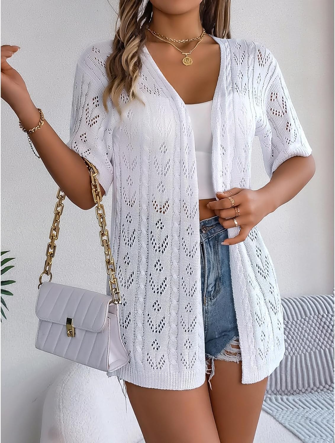 Perbai Womens Lightweight Summer Crochet Cardigan Open Front Short Sleeve Boho Long Knit Kimono Jacket - Image 3