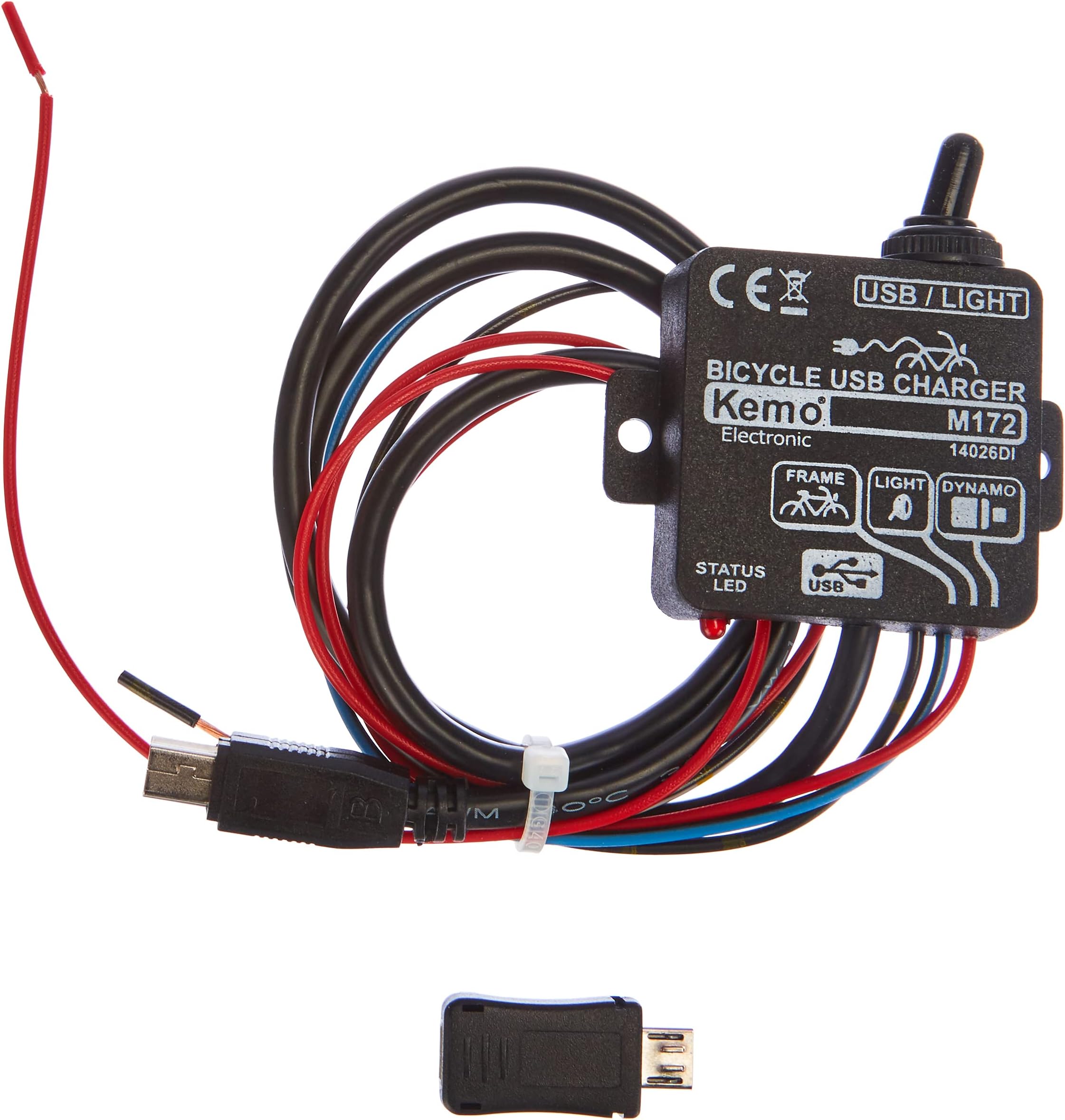 KEMO M172 USB (Mini B) Bicycle Charge Controller. Operation of Sat Navs, PDA's, MP3 Players. Input Voltage 6 V/AC. With LED Indicator. Built-in Switch