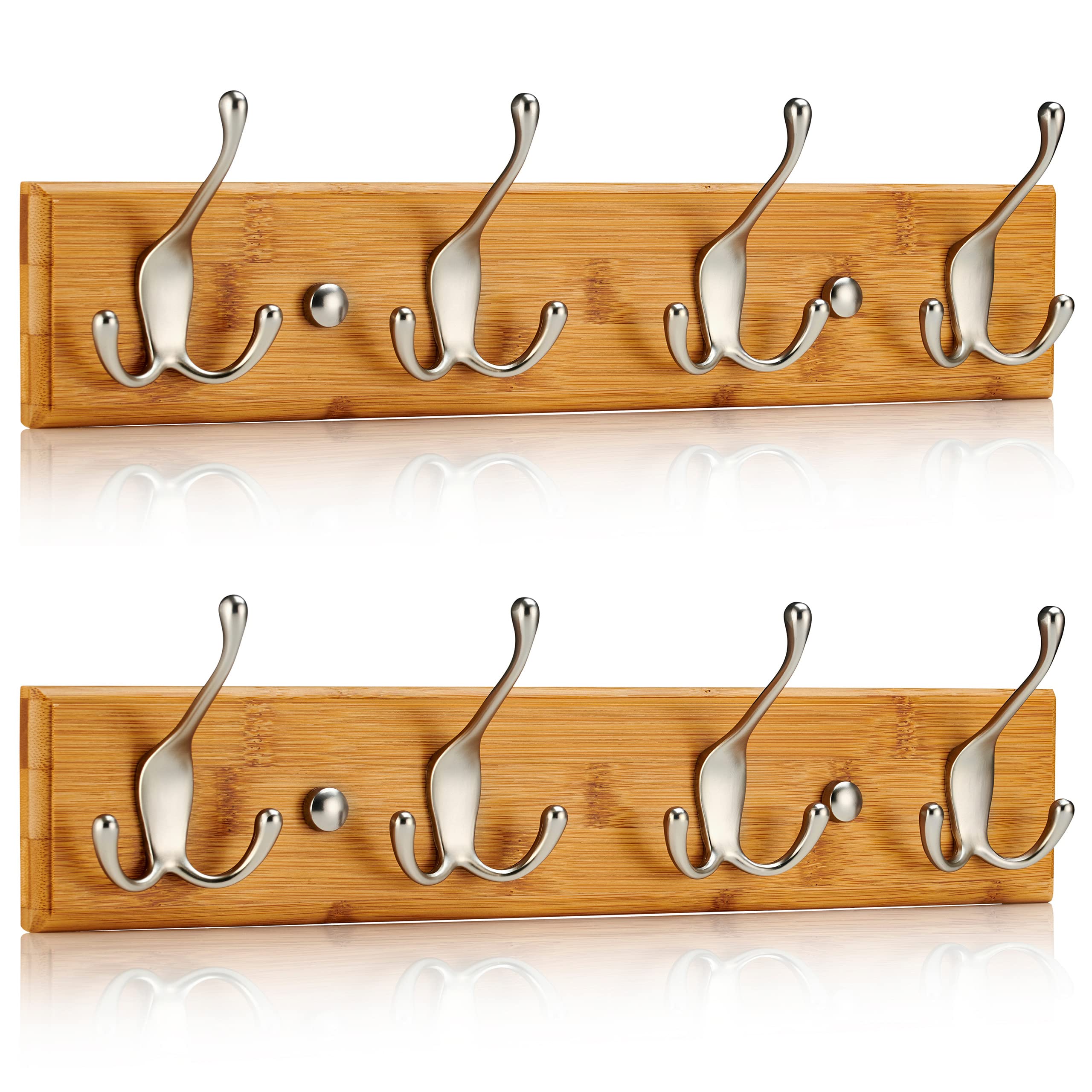 LARHN Wall-Mounted Coat Rack (2 Pack) - 4 Matt-Nickel Triple Coat Hooks for Wall on Stylish Wooden Bamboo Base – 42 cm - All Fixings Included