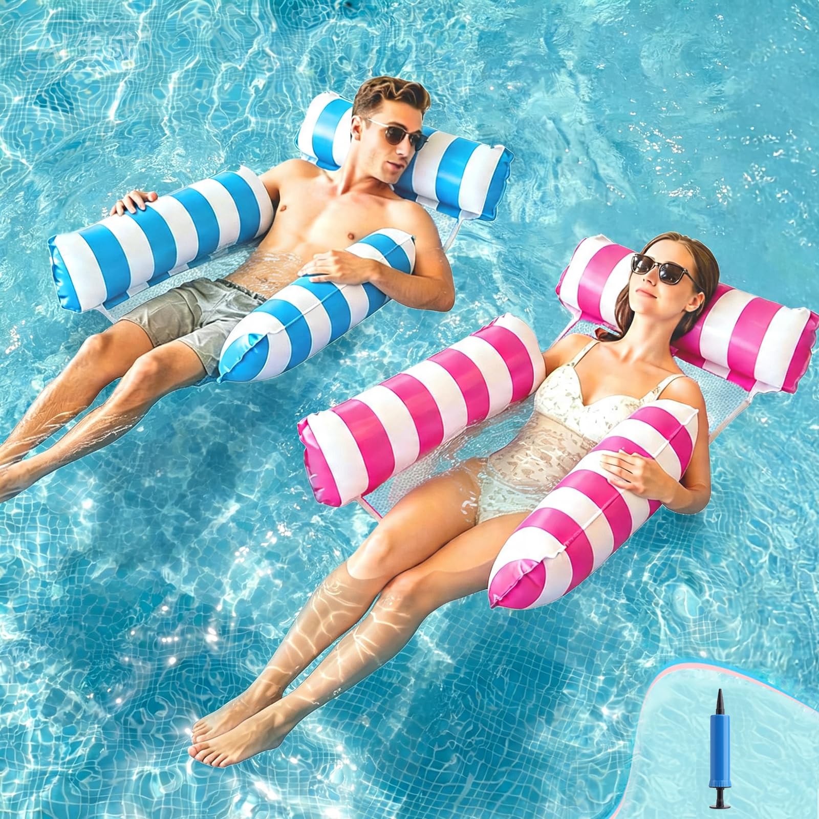 2 PCS Pool Inflatables Hammocks for Adults, 4 in 1 Pool Hammock with Manual Air Pump Water Hammock Suitable for swimming pools lakes beaches sunbathing