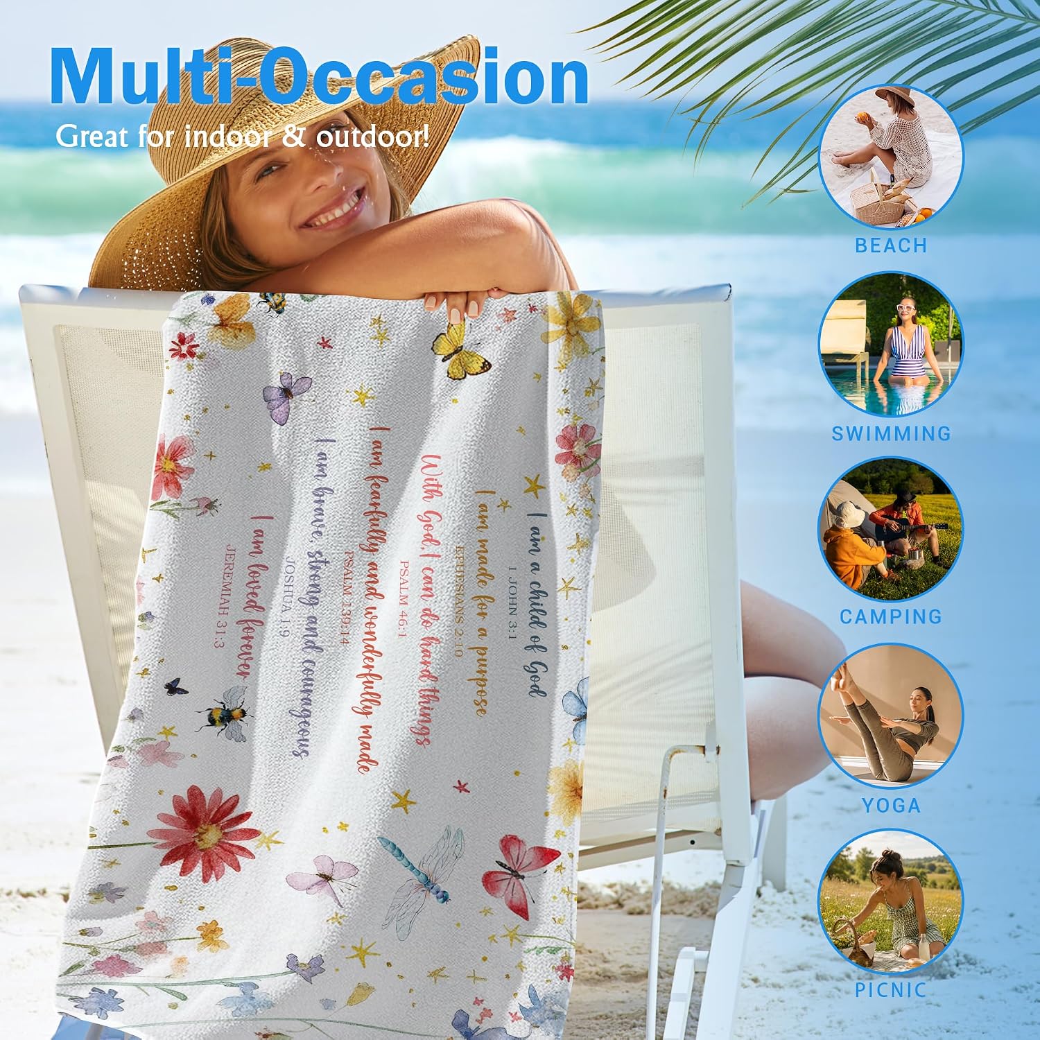 Christian Wildflower Beach Towel, Inspirational Bible Verse Beach Towels Oversized Gifts for Women, Religious Quick Dry Travel Sand Free Towel Decor for Bathroom Swimming Pool 30x60in