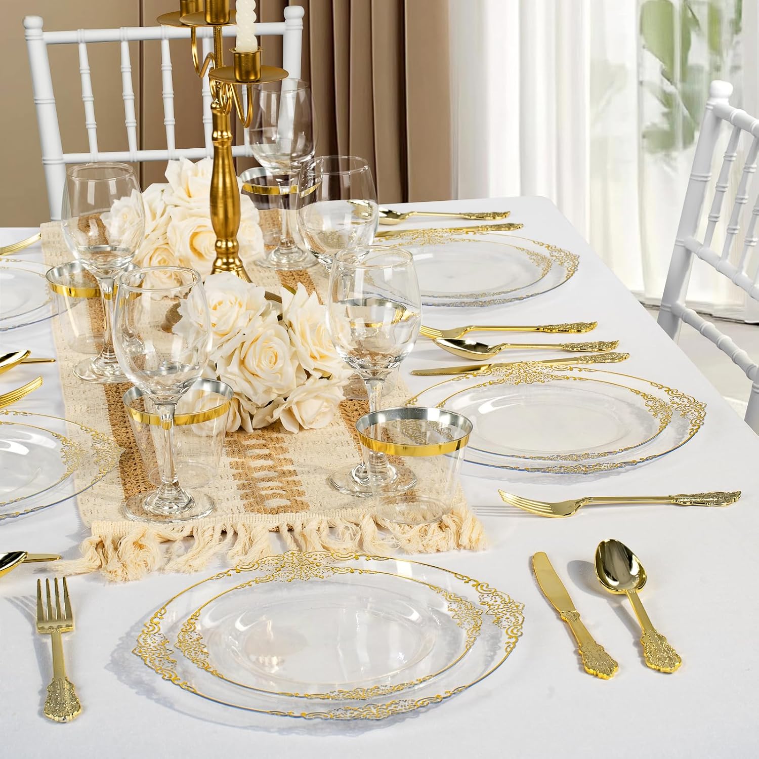 350PCS Clear Plastic Plates for 50 Guests, Disposable Dinnerware Sets Include 50 Gold Rim Plastic Plates, 25 Silverwares, 25 Cups, and 25 Pre Rolled Napkins for Party, Wedding and Graduation - Image 7
