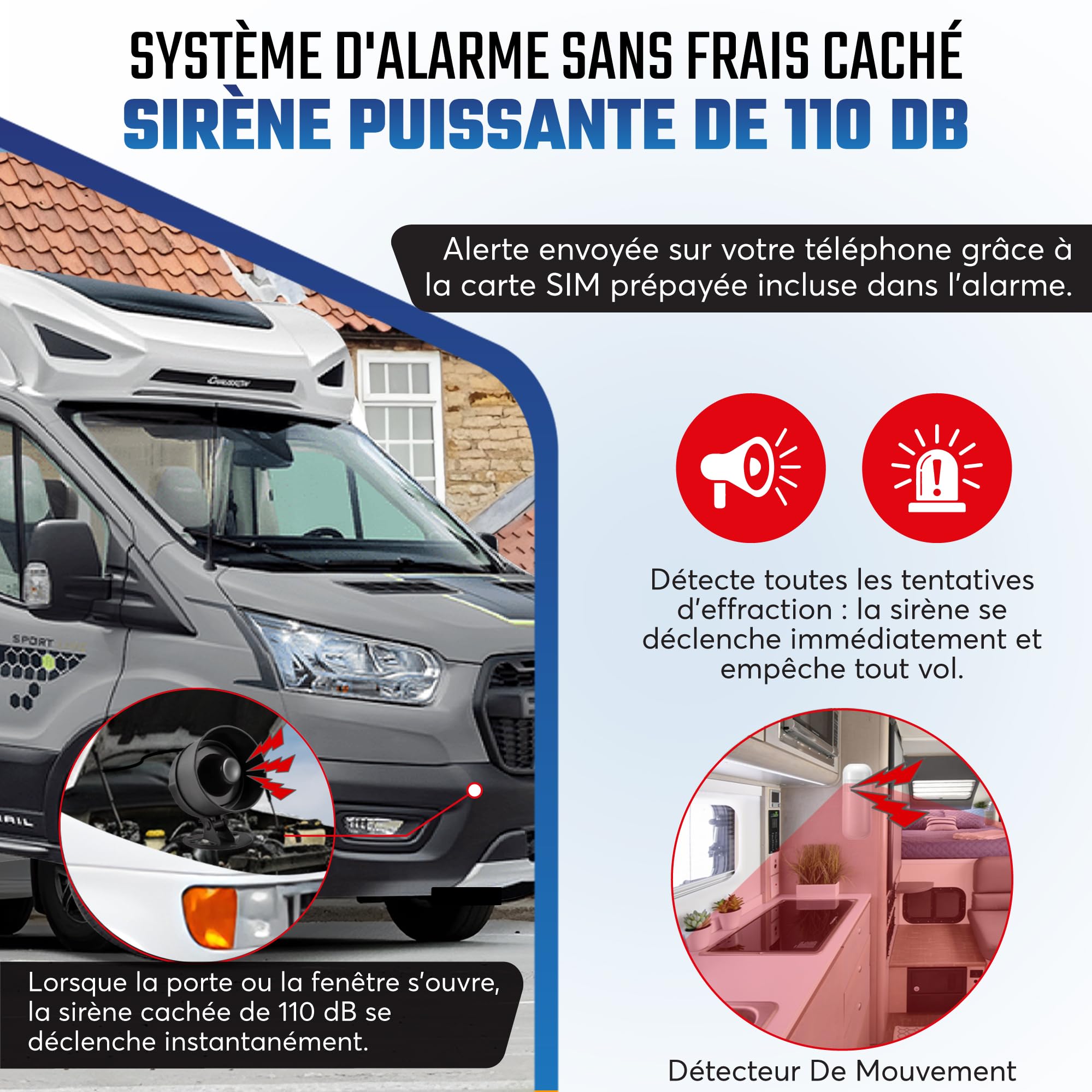 Système d'alarme antivol et Traceur GPS – antivol 110dB - Alarme Universelle de sécurité pour Fourgon, Camping-Car, Van, Voiture, Moto