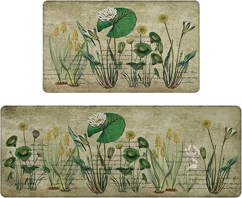 EXYGLO 2 alfombras de cocina, elegantes tapetes de cocina de lirio de agua para piso, acolchado, impermeable, antideslizante, tapete de espuma para