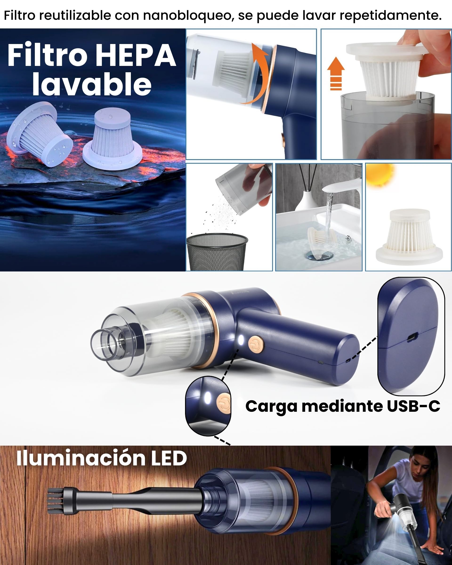 Aspirador de coche potente portatil sin cables, aspirador y soplador, Cargador de coche inluido, Filtro HEPA Lavable, 9000PA,4000mah, USB C, Soplador de aire para PC, Aspirador de coche inalámbrico.