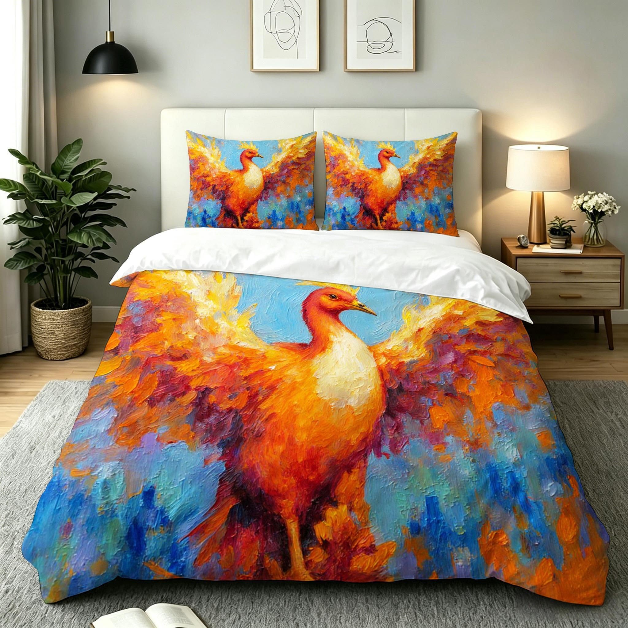 Housse de couette 220x240 oiseau orange parure de lit 2 personnes microfibre A22163