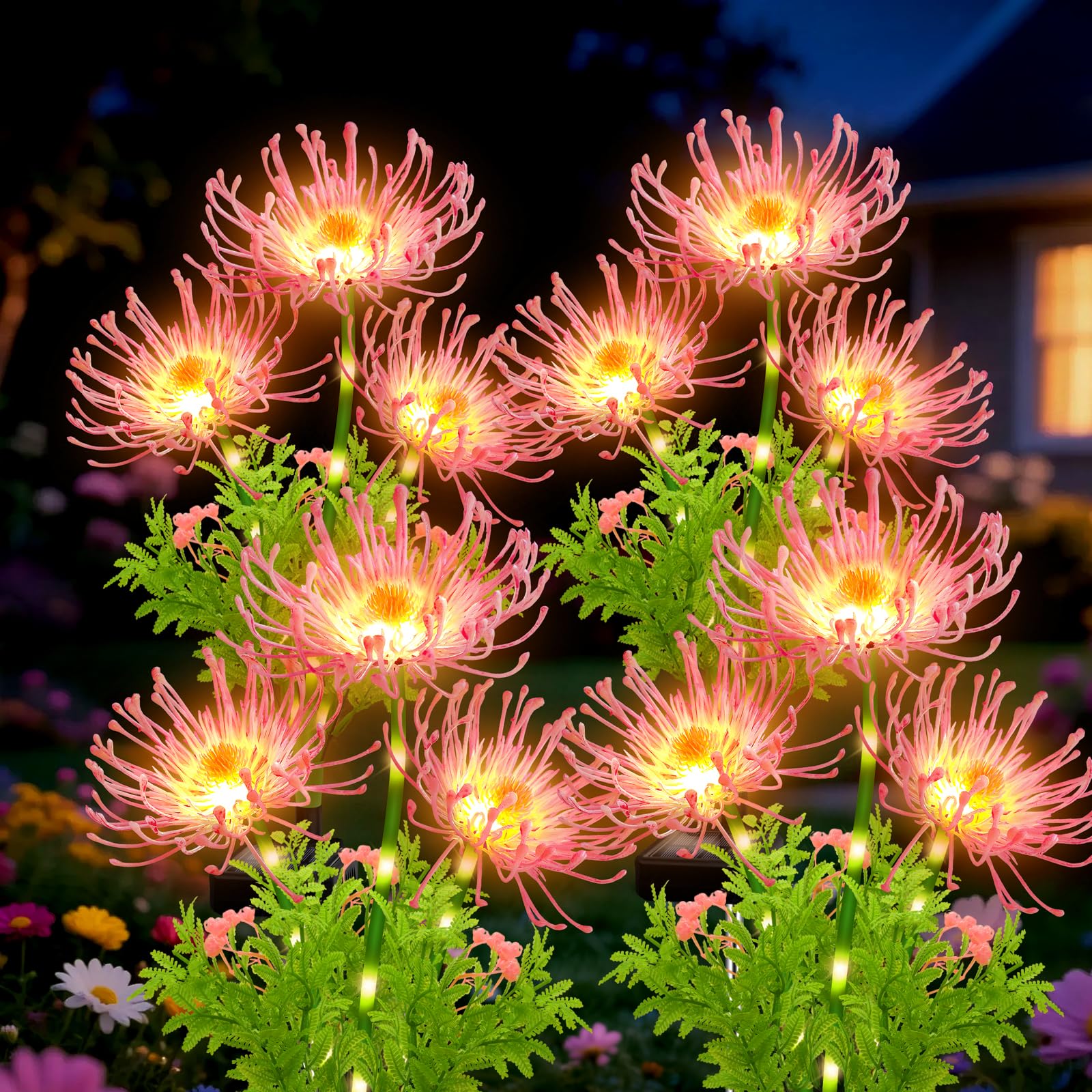 Luces solares para exteriores, lirio araña rosa, paquete de 4 luces de flores de jardín impermeables de 12 cabezas con tallos brillantes, decoración decorativa de patio y césped, regalos de Navidad y
