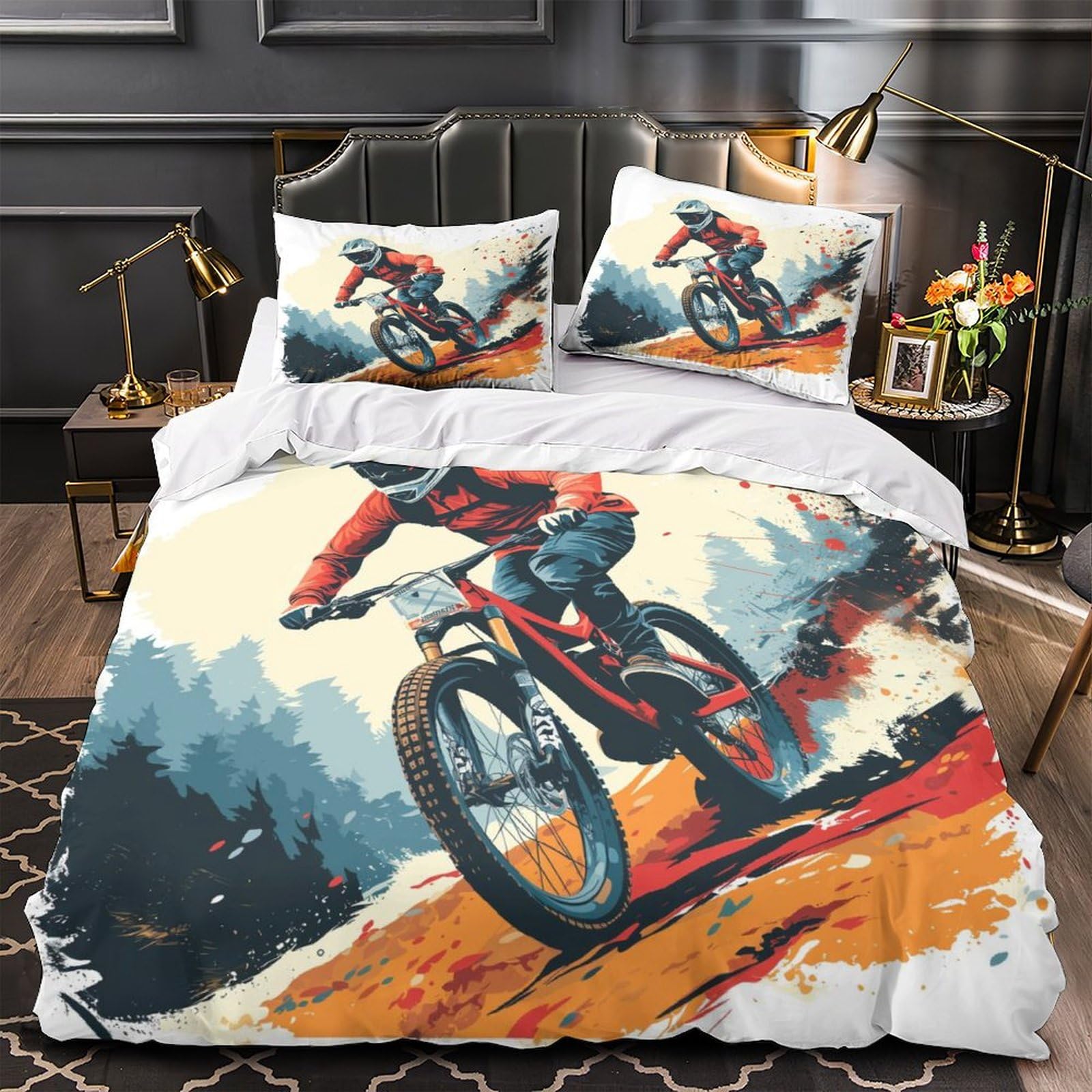 Stampato in 3D bicicletta Copertina Stampata Microfibra Disegnata Biancheria Da Letto Ipoallergenico Con 2 Federe,Double（200x200cm）, Per Adolescenti E Adulti